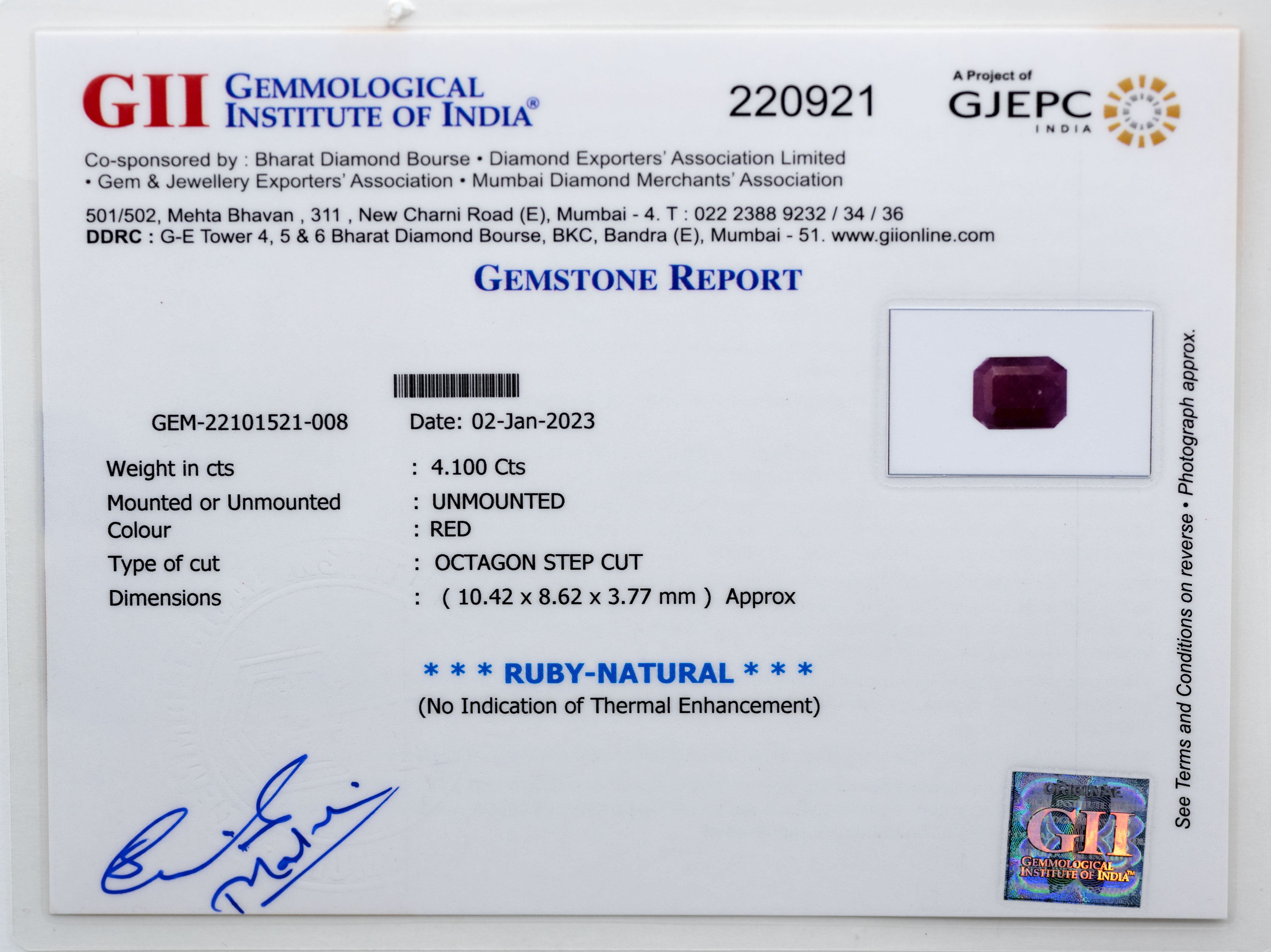 Natural Ruby Gemstone (4.10 Carat and 4.51 Ratti)