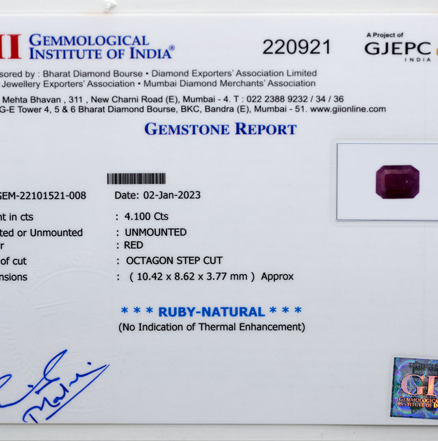 Natural Ruby Gemstone (4.10 Carat and 4.51 Ratti)