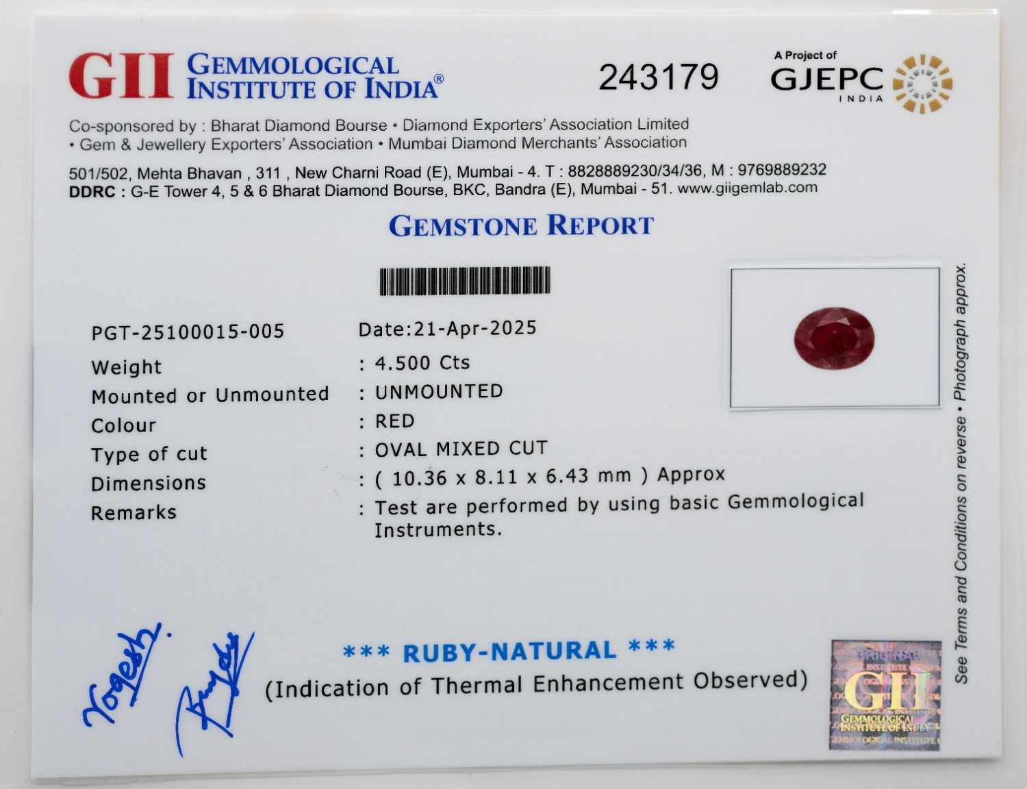 Natural Ruby Gemstone (4.50 Carat and 4.95 Ratti)
