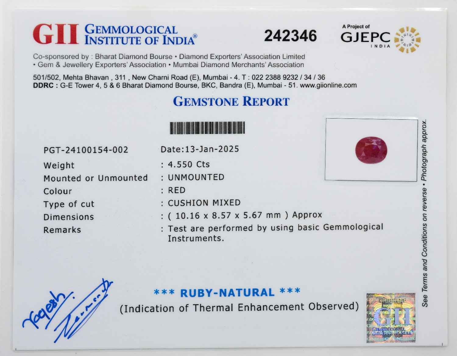 Natural Ruby Gemstone (4.55 Carat and 5.01 Ratti)