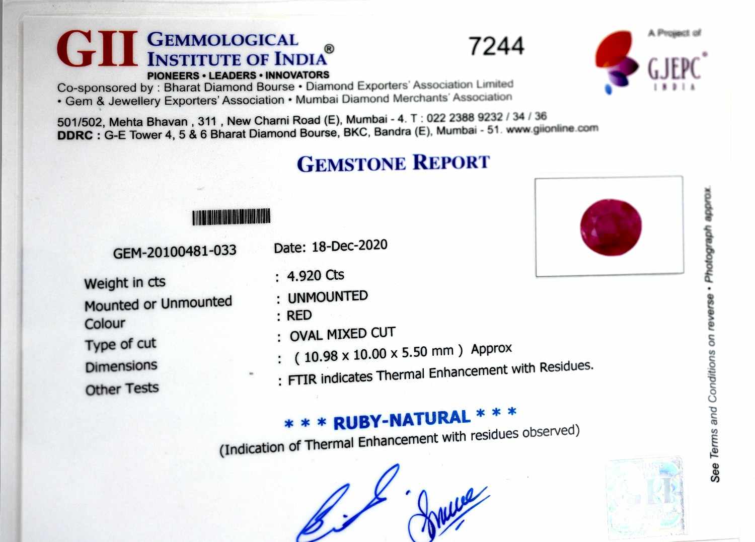 Natural Ruby Gemstone (4.92 Carat and 5.41 Ratti)