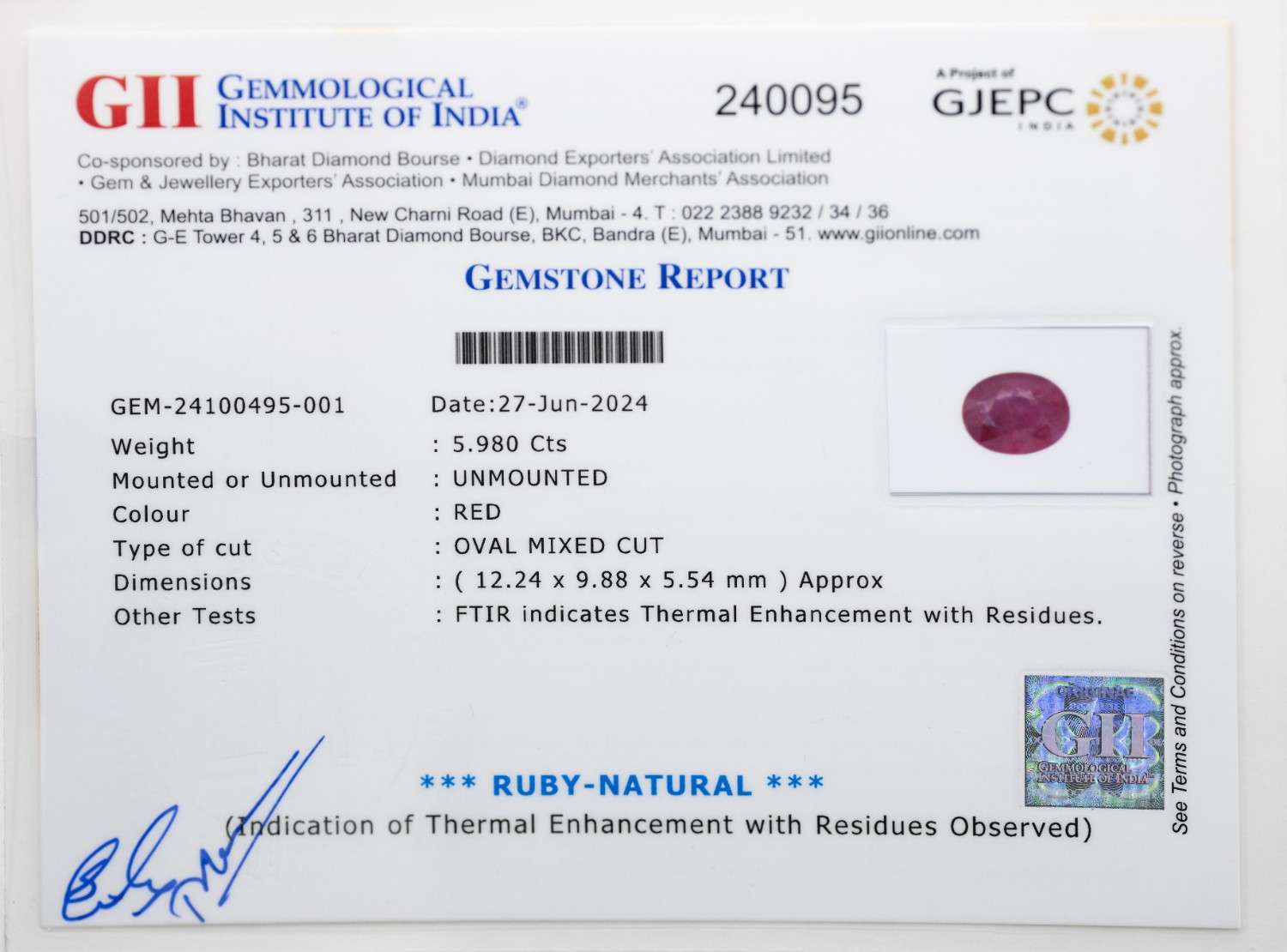 Natural Ruby Gemstone (5.98 Carat and 6.58 Ratti)