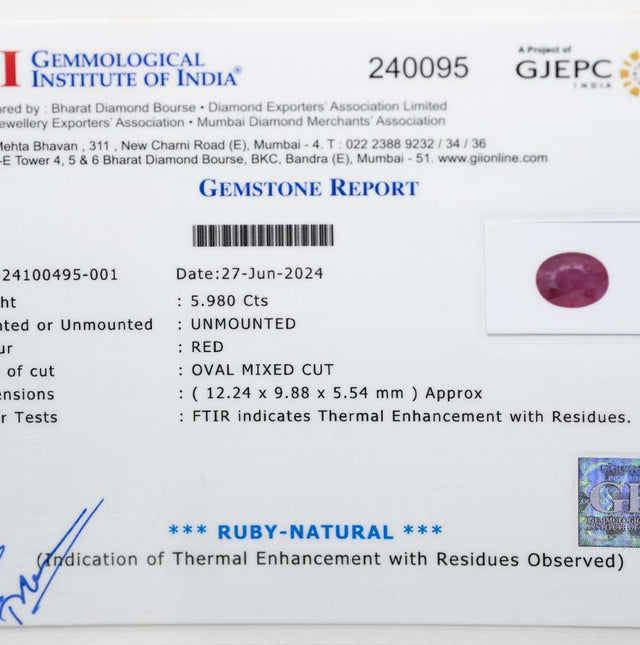 Natural Ruby Gemstone (5.98 Carat and 6.58 Ratti)