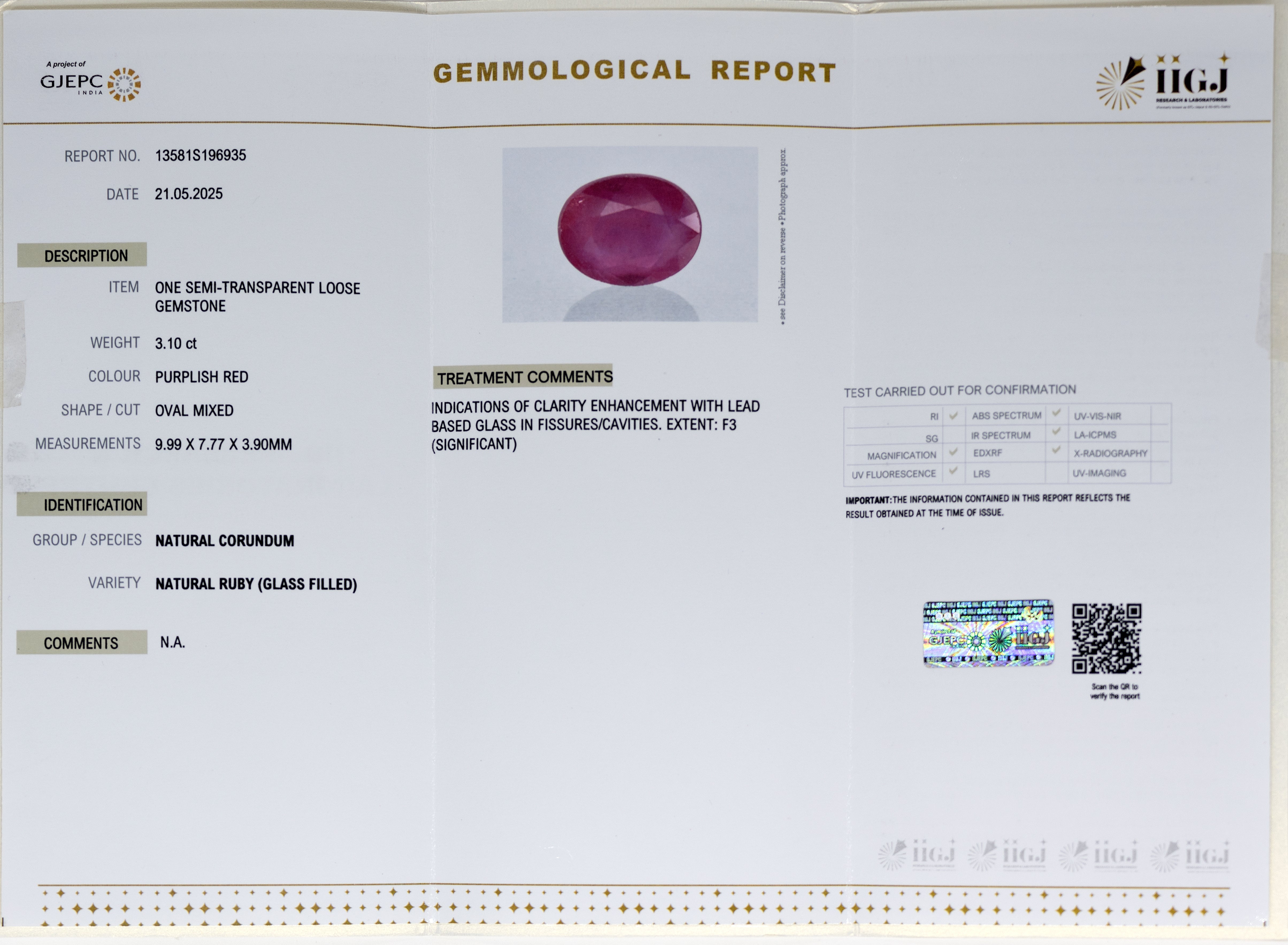 Natural Ruby (3.10Ct Carat and 3.41 Ratti)