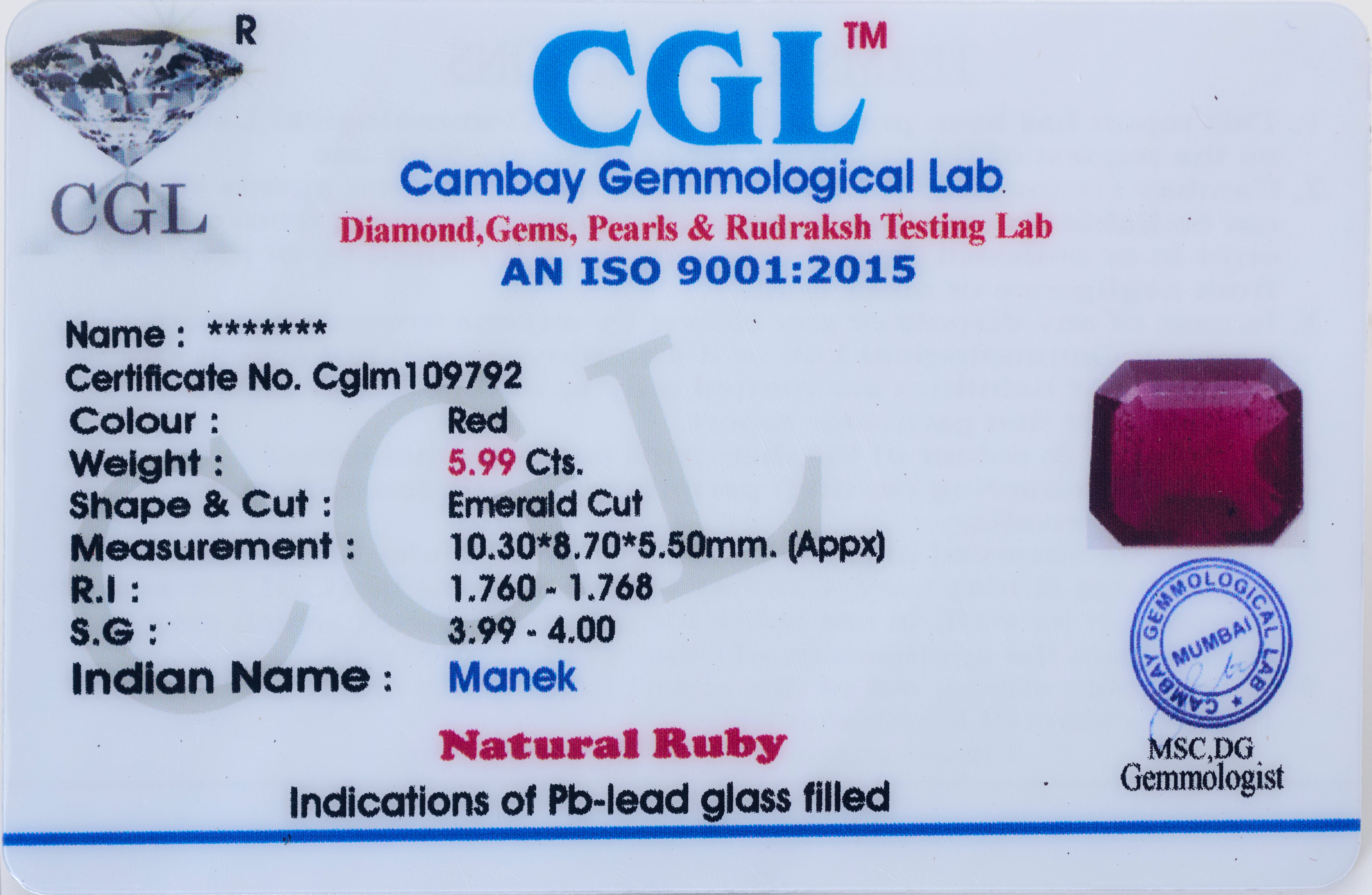 Natural Ruby (5.99Ct Carat and 6.59 Ratti)