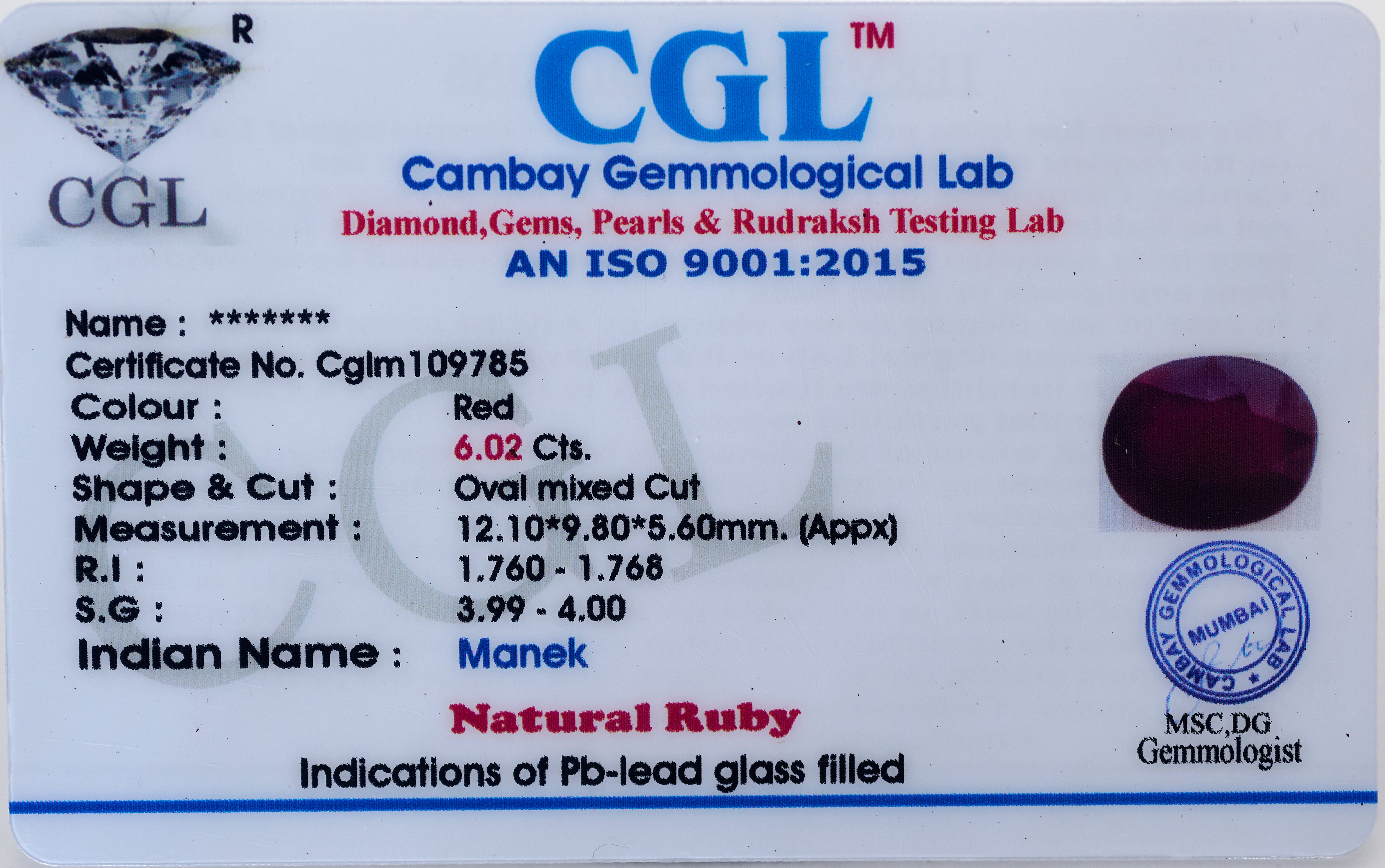 Natural Ruby (6.02Ct Carat and 6.62 Ratti)