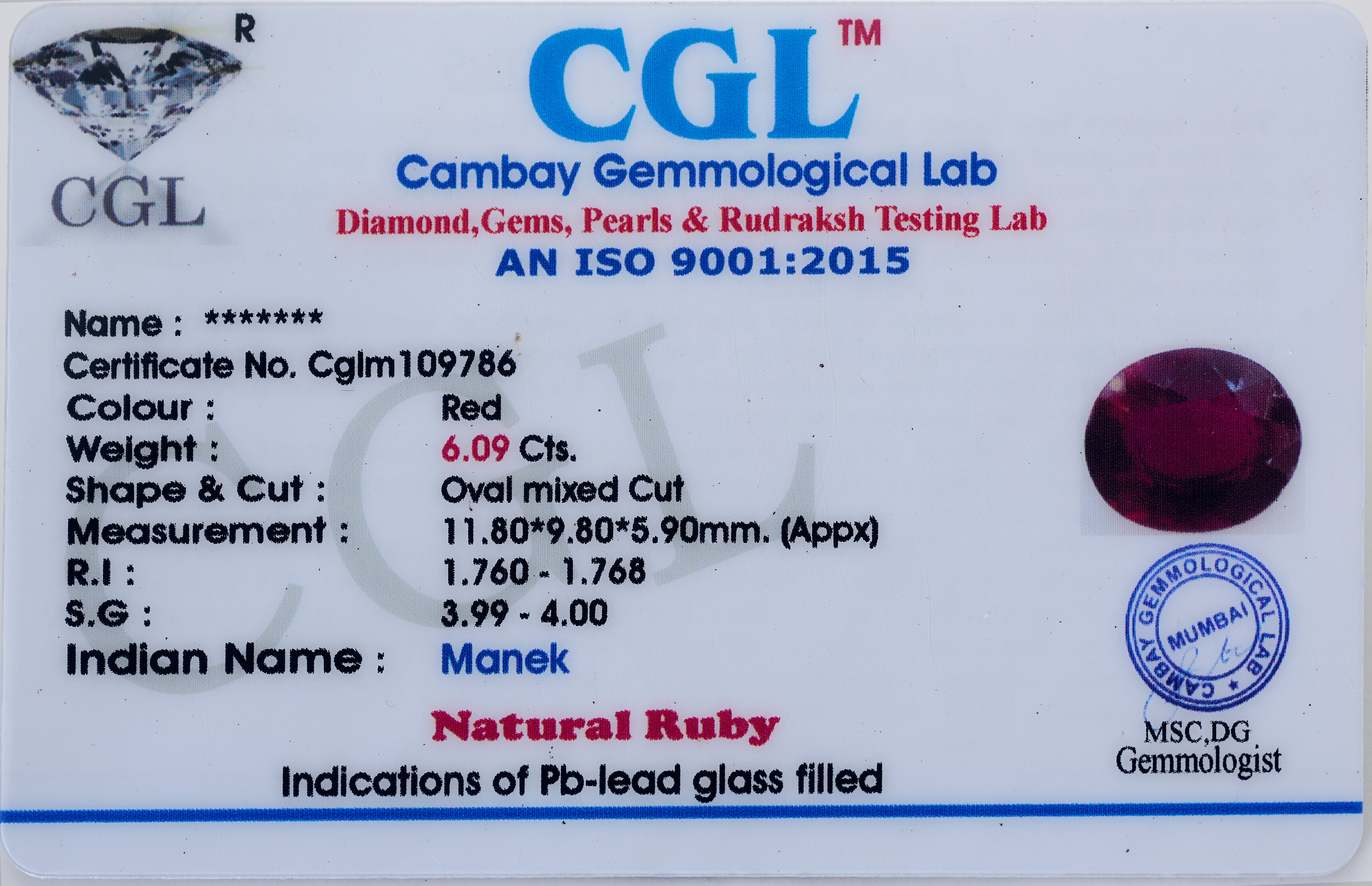 Natural Ruby (6.09Ct Carat and 6.70 Ratti)