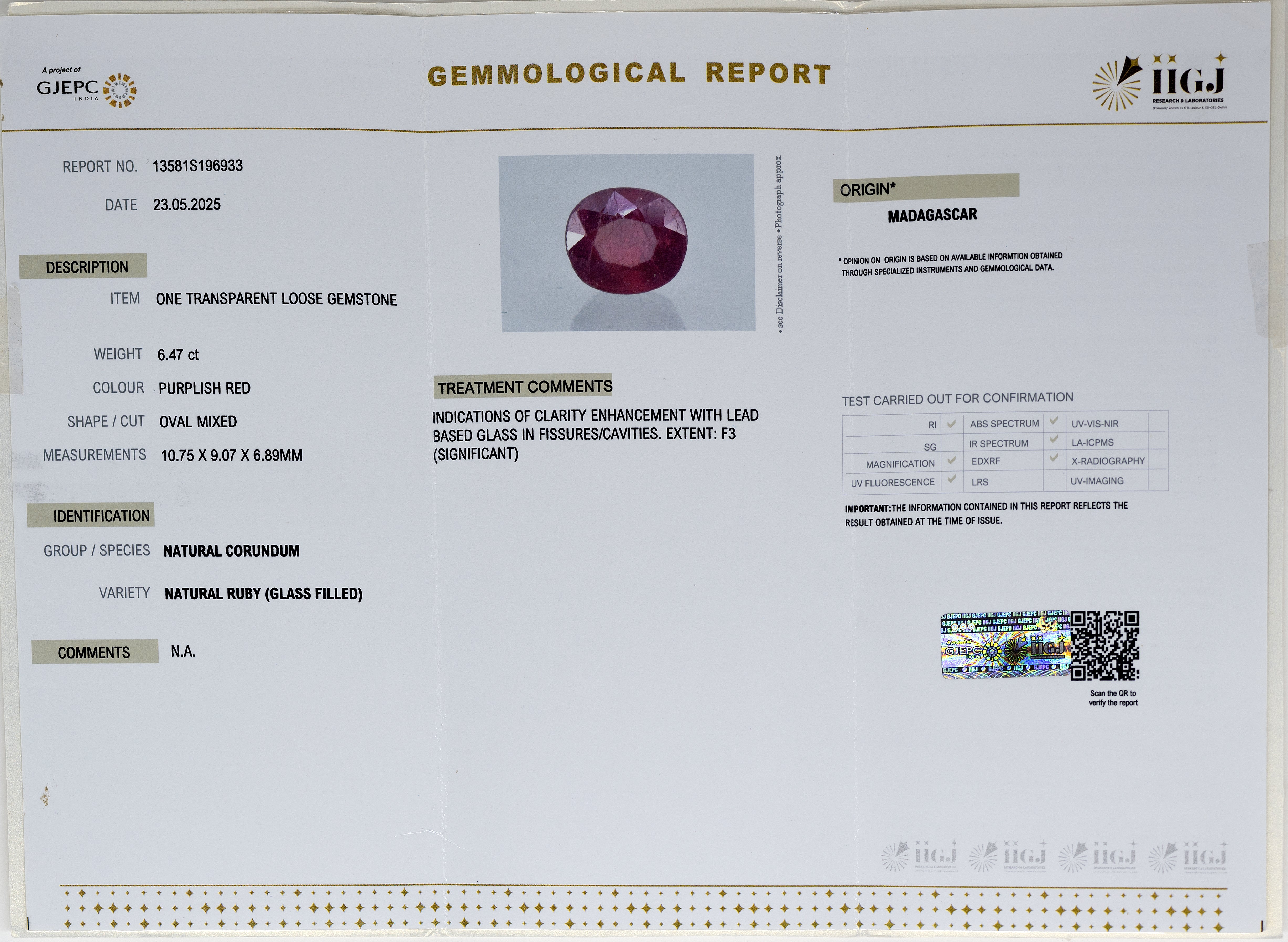 Natural Ruby (6.47Ct Carat and 7.12 Ratti)