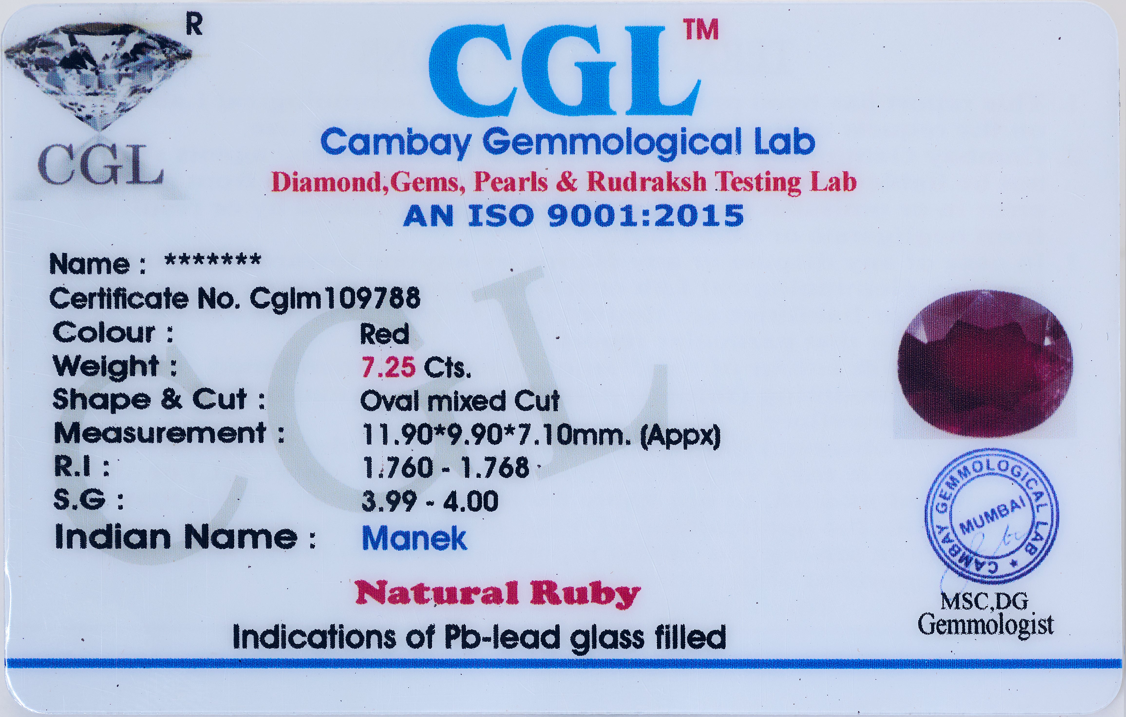 Natural Ruby (7.25Ct Carat and 7.98 Ratti)