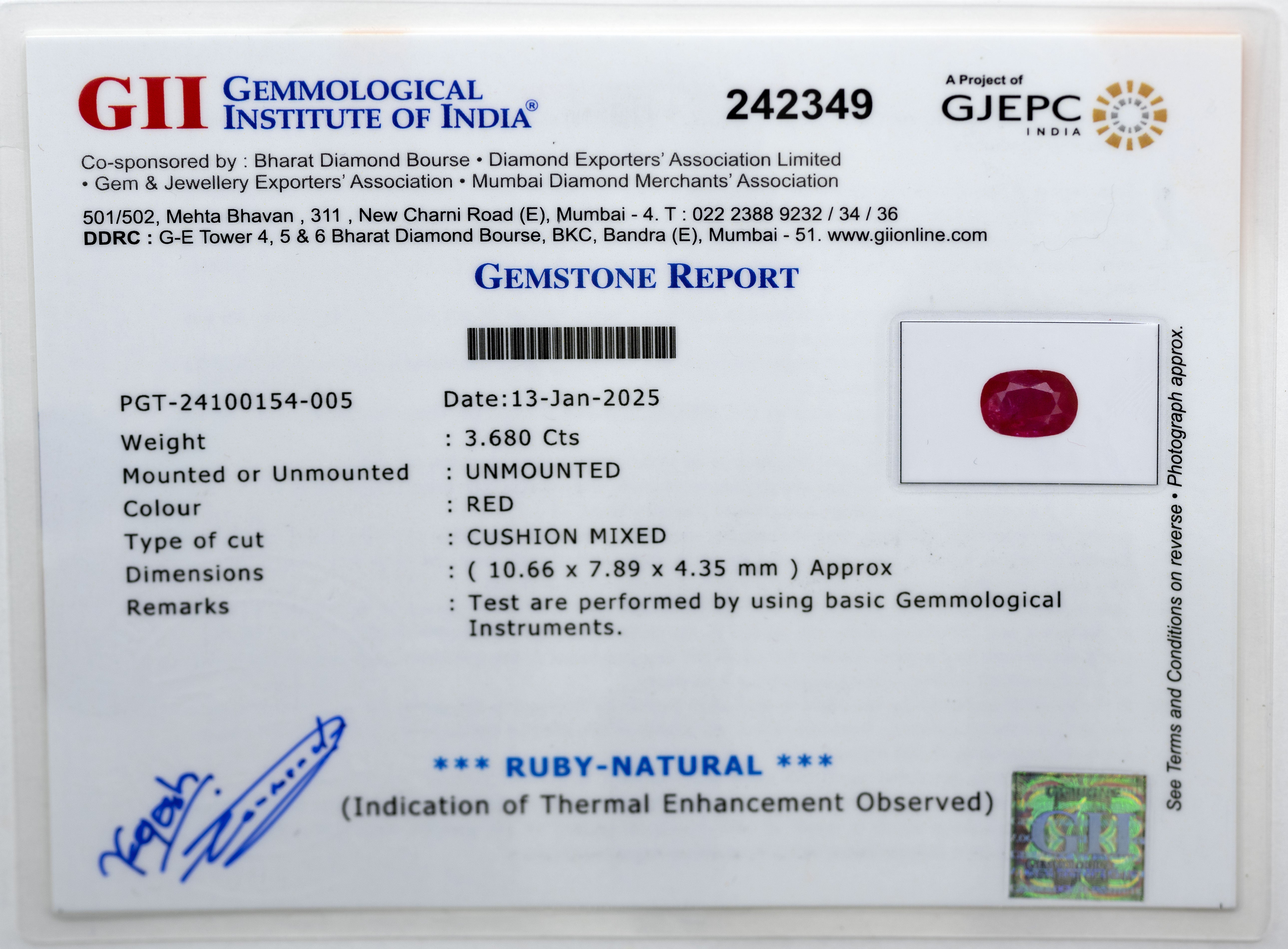 Natural Ruby Gemstone (3.68 Carat and 4.05 Ratti)