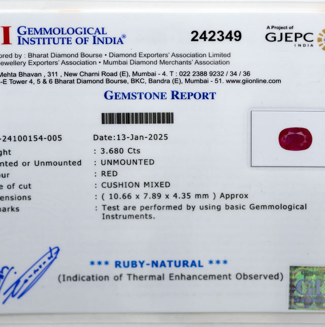 Natural Ruby Gemstone (3.68 Carat and 4.05 Ratti)