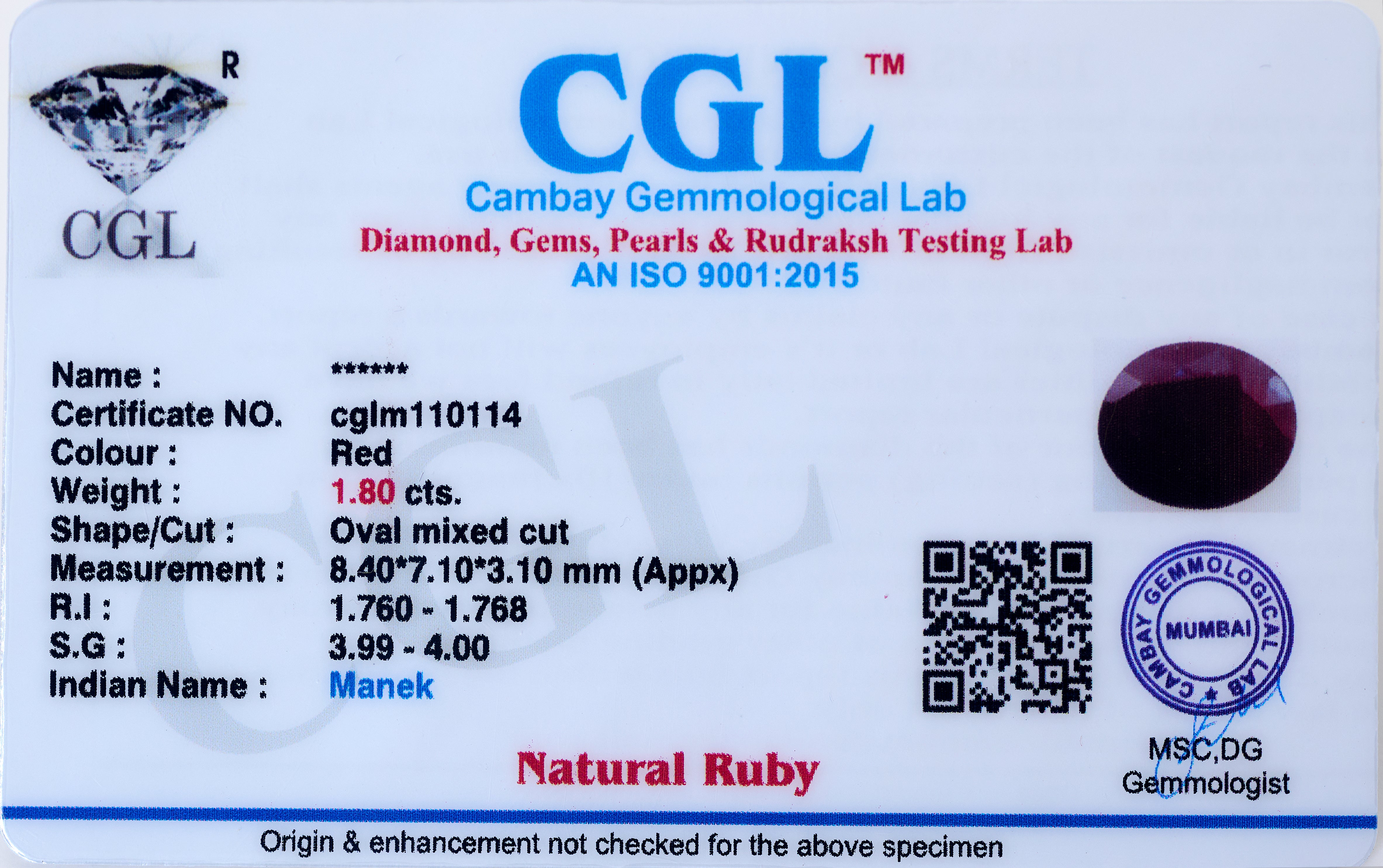 Natural Ruby (1.80Ct Carat and 1.98 Ratti)