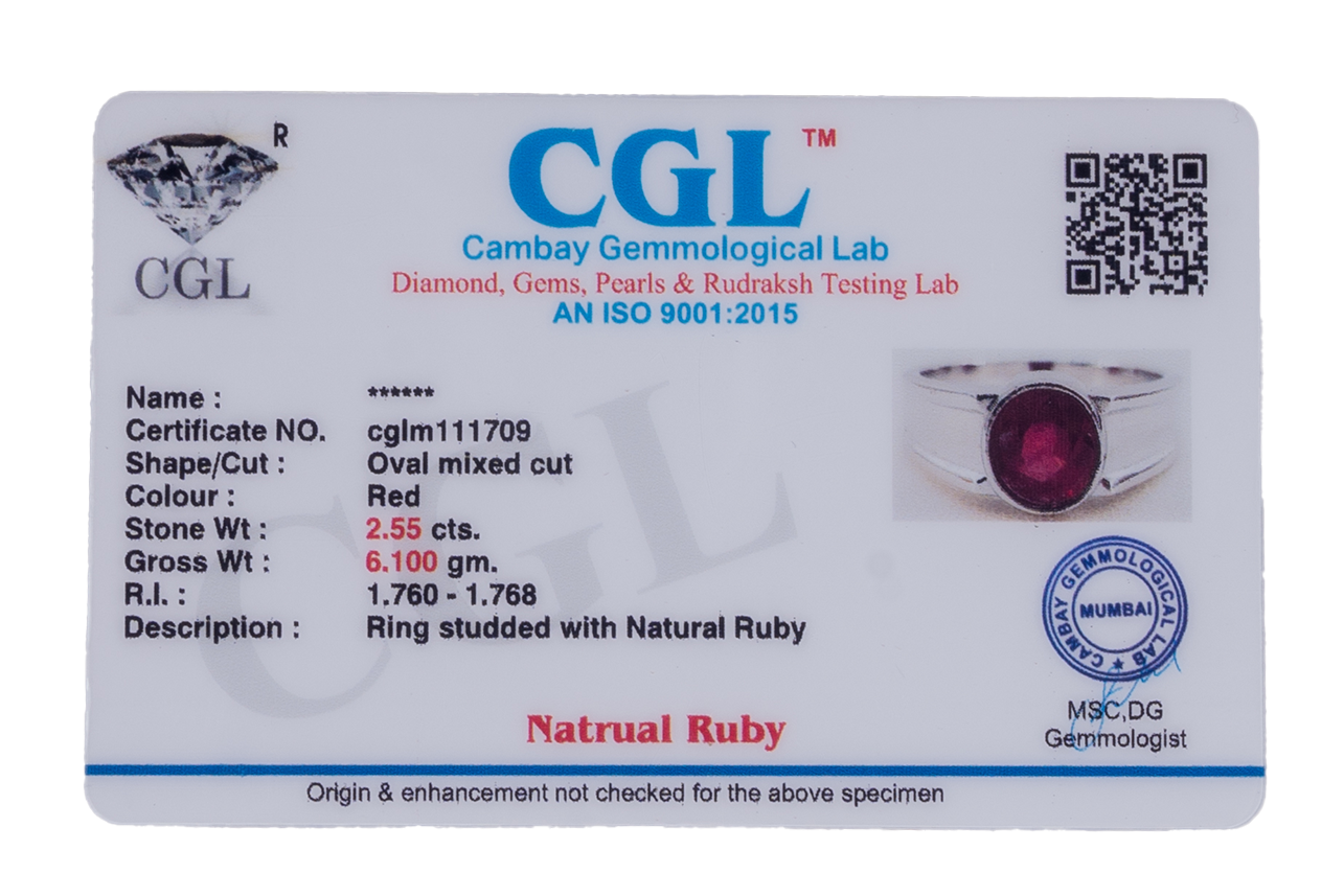 Natural Bangkok Ruby(Manik) 2.55ct (2.81 Ratti) Faceted Oval Cut Ring
