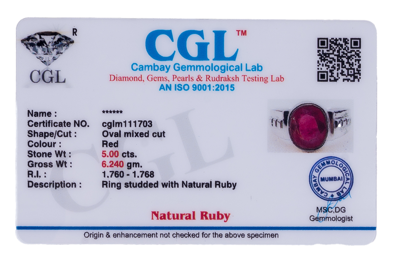 Natural Bangkok Ruby(Manik) 5.00ct(5.50 Ratti) Faceted Cushion Cut Ring