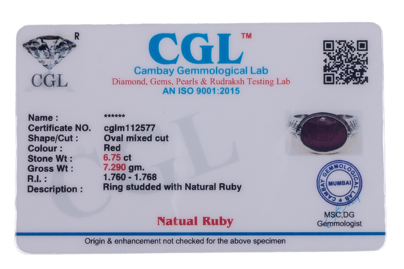 Natural Bangkok Ruby(Manik) 6.75ct (7.43 Ratti) Faceted Cushion Cut Ring