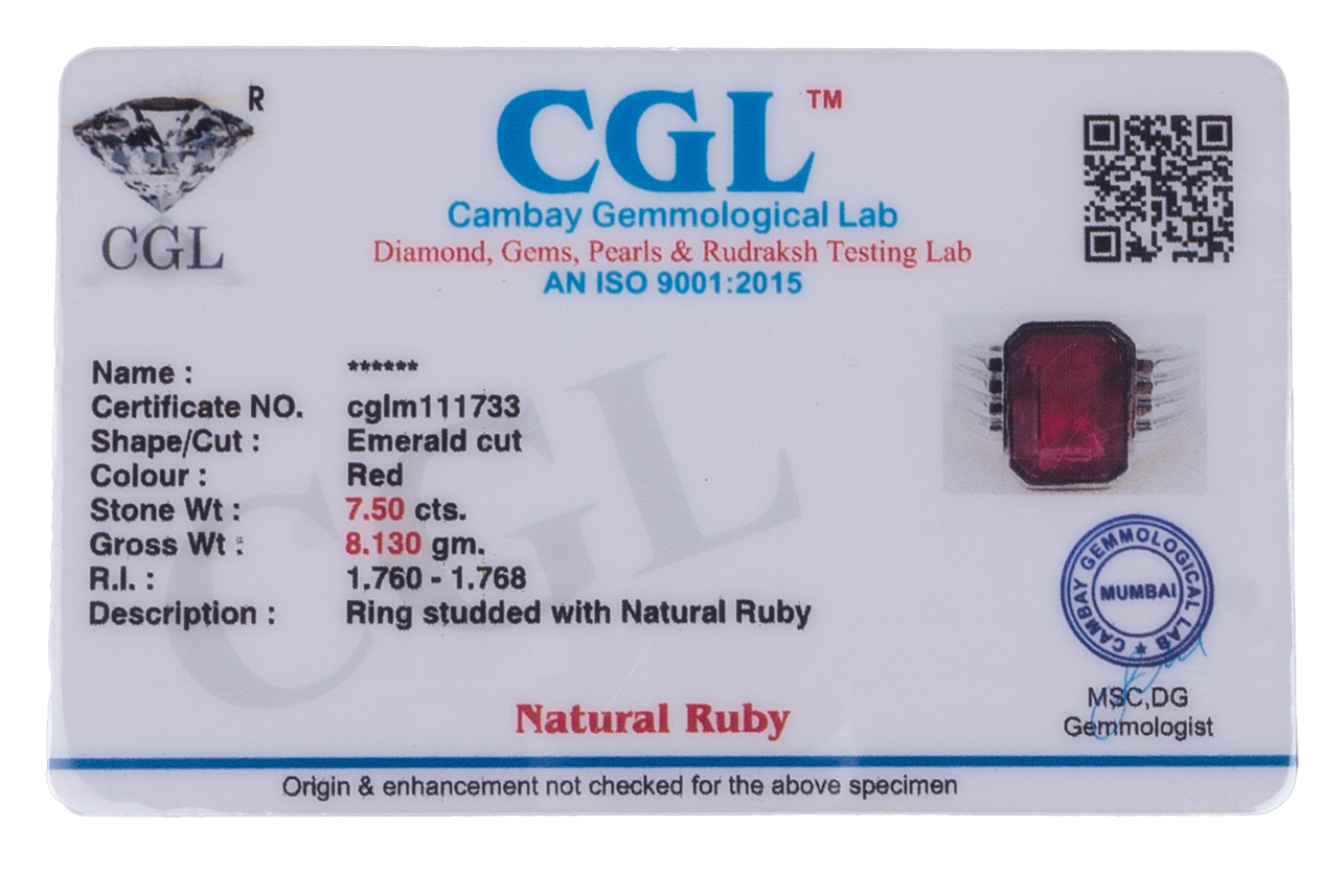 Natural Bangkok Ruby(Manik) 7.50ct(8.25 Ratti) Faceted Cushion Cut Ring