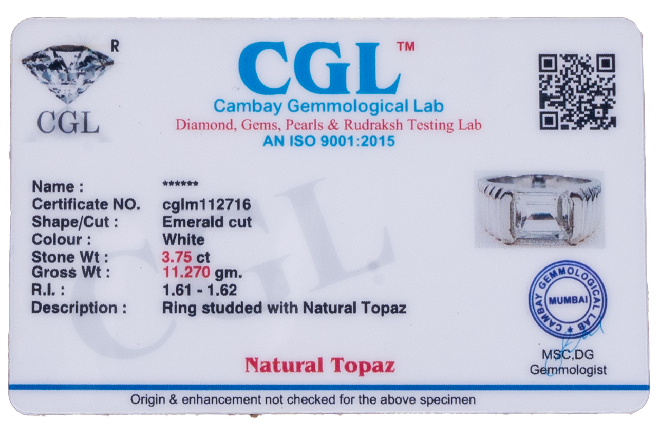 Natural White Topaz 3.75ct (4.13 Ratti) Ring
