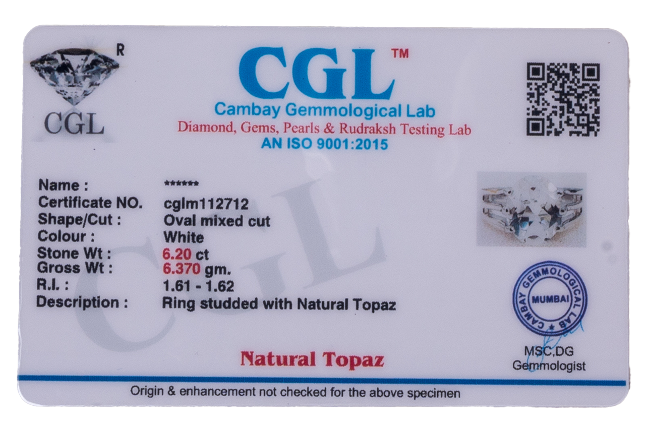 Natural White Topaz 6.20ct (6.82 Ratti) Ring