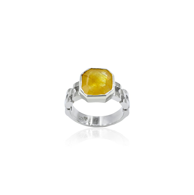 Natural Yellow Sapphire (Pukhraj) 5.20ct (5.72 Ratti) Faceted Emerald Cut Unisex Ring