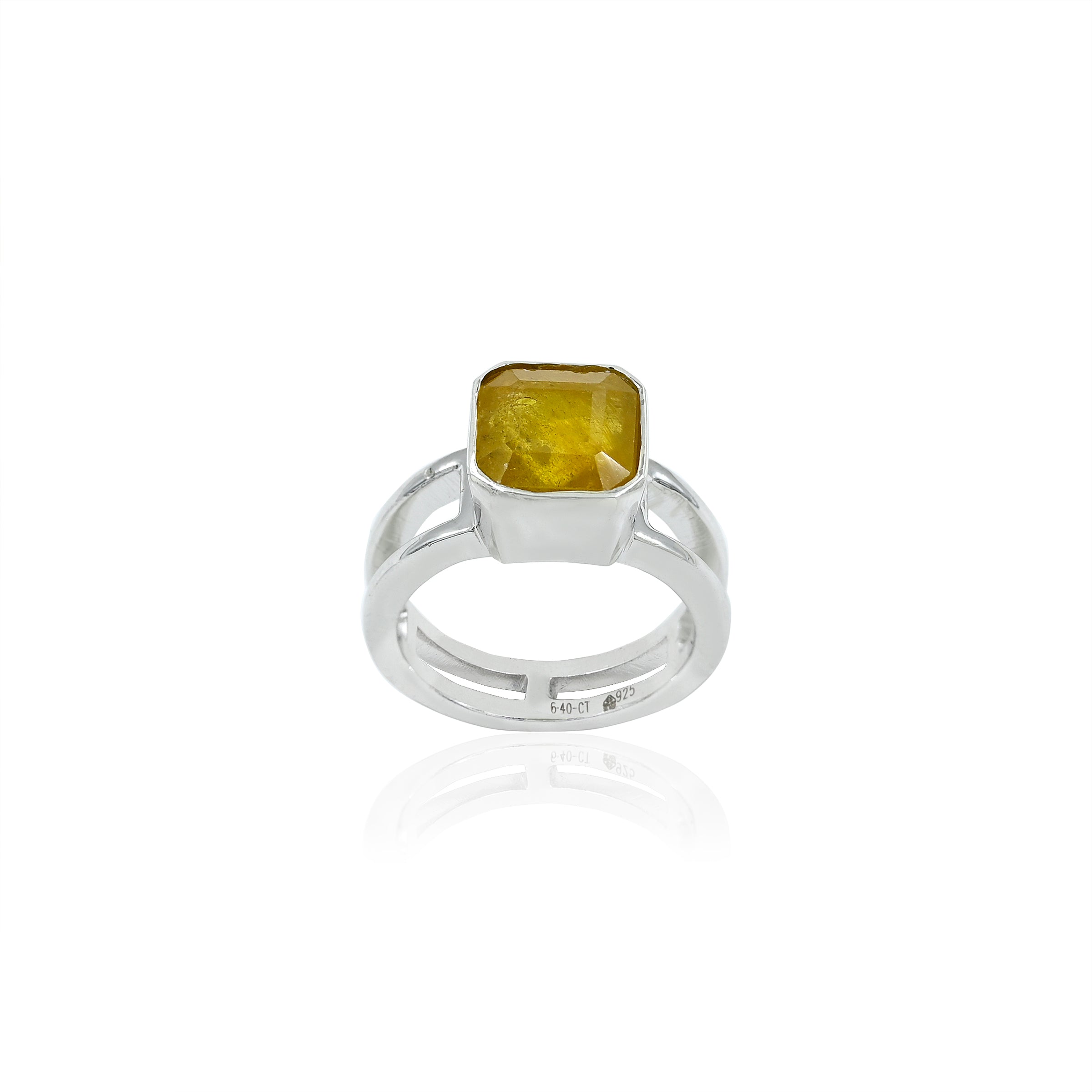 Natural Yellow Sapphire (Pukhraj) 6.40ct (7.04 Ratti) Faceted Emerald Cut Ring