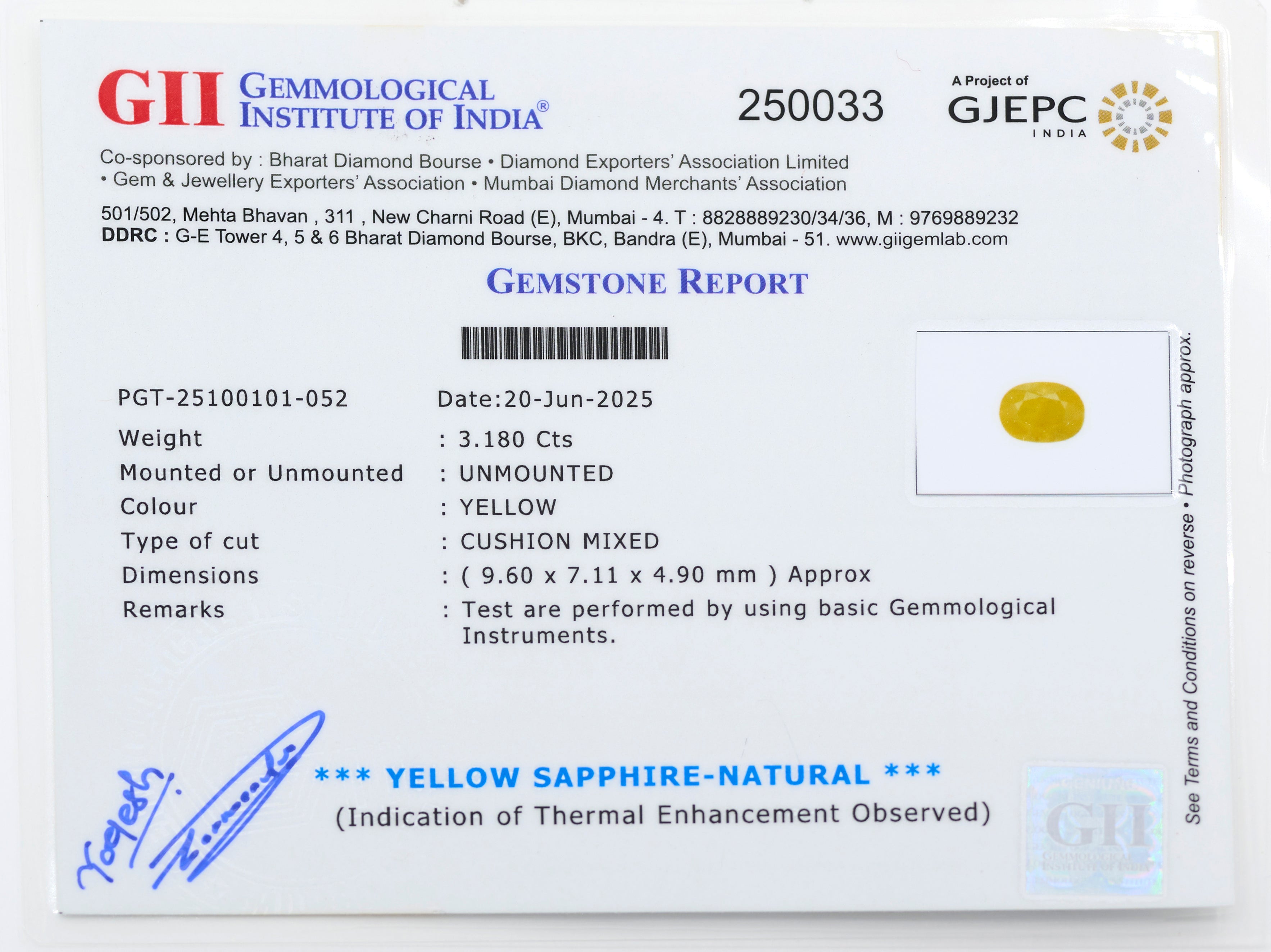 Natural Yellow Sapphire (3.18Ct Carat and 3.50 Ratti)