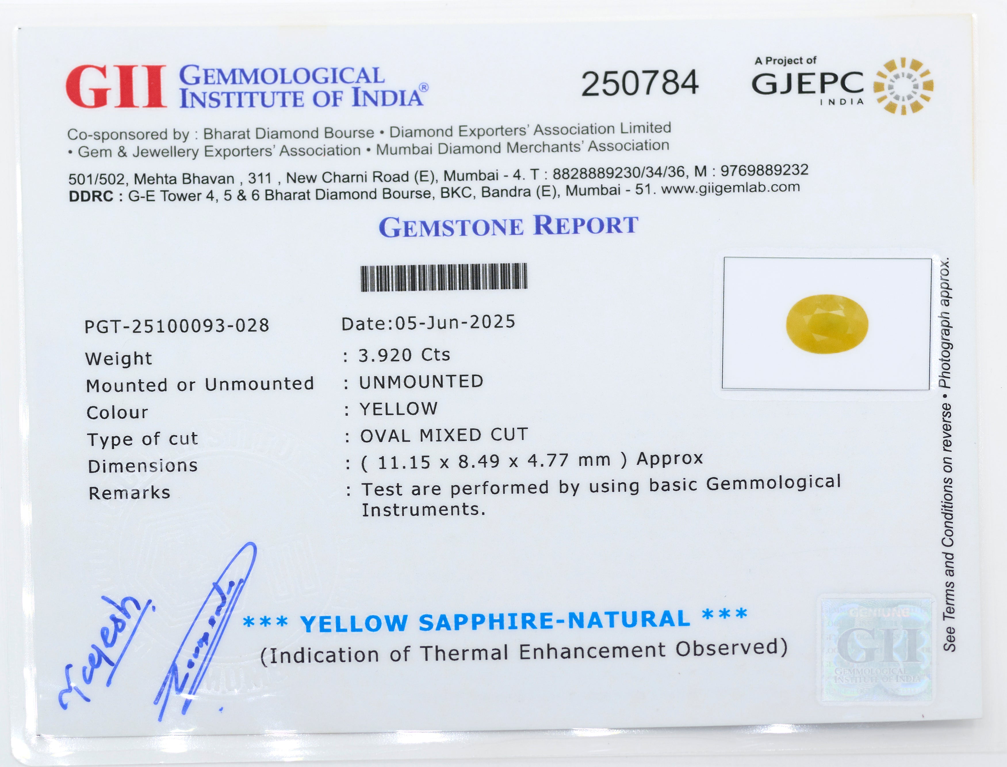Natural Yellow Sapphire (3.92Ct Carat and 4.31 Ratti)