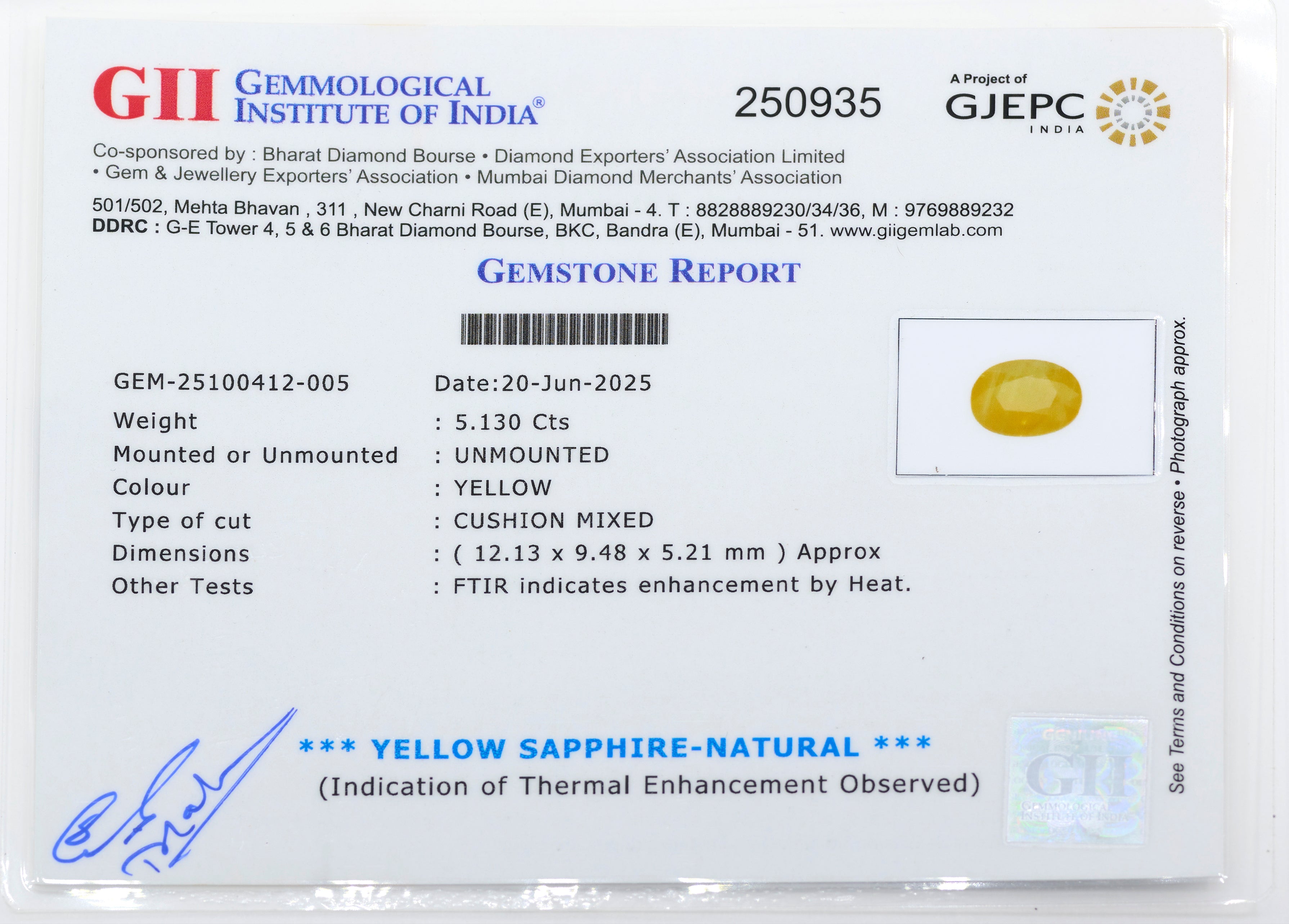 Natural Yellow Sapphire (5.13Ct Carat and 5.64 Ratti)