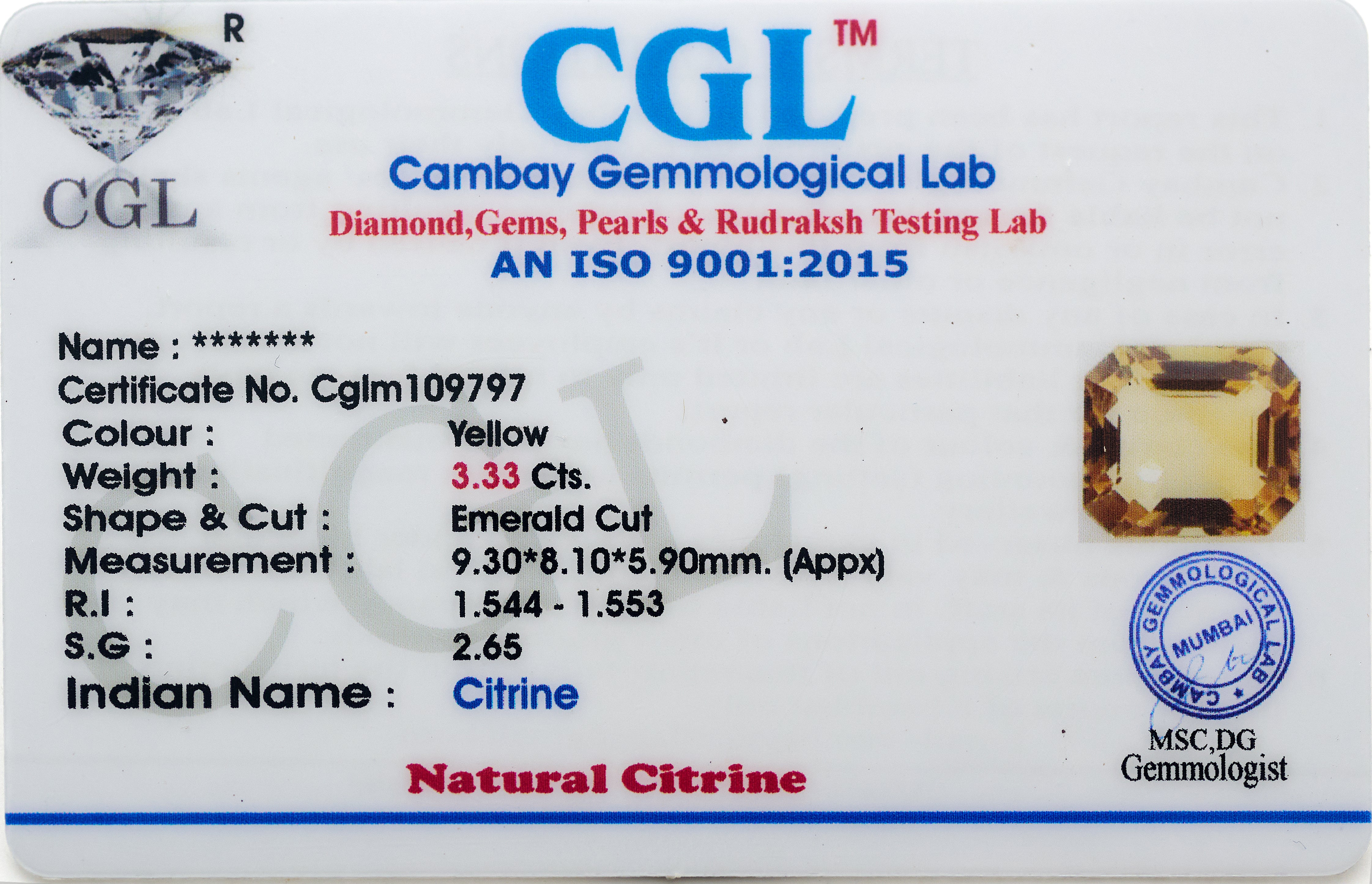 Natural Citrine Gemstone (3.33 Carats and 3.66 Ratti)