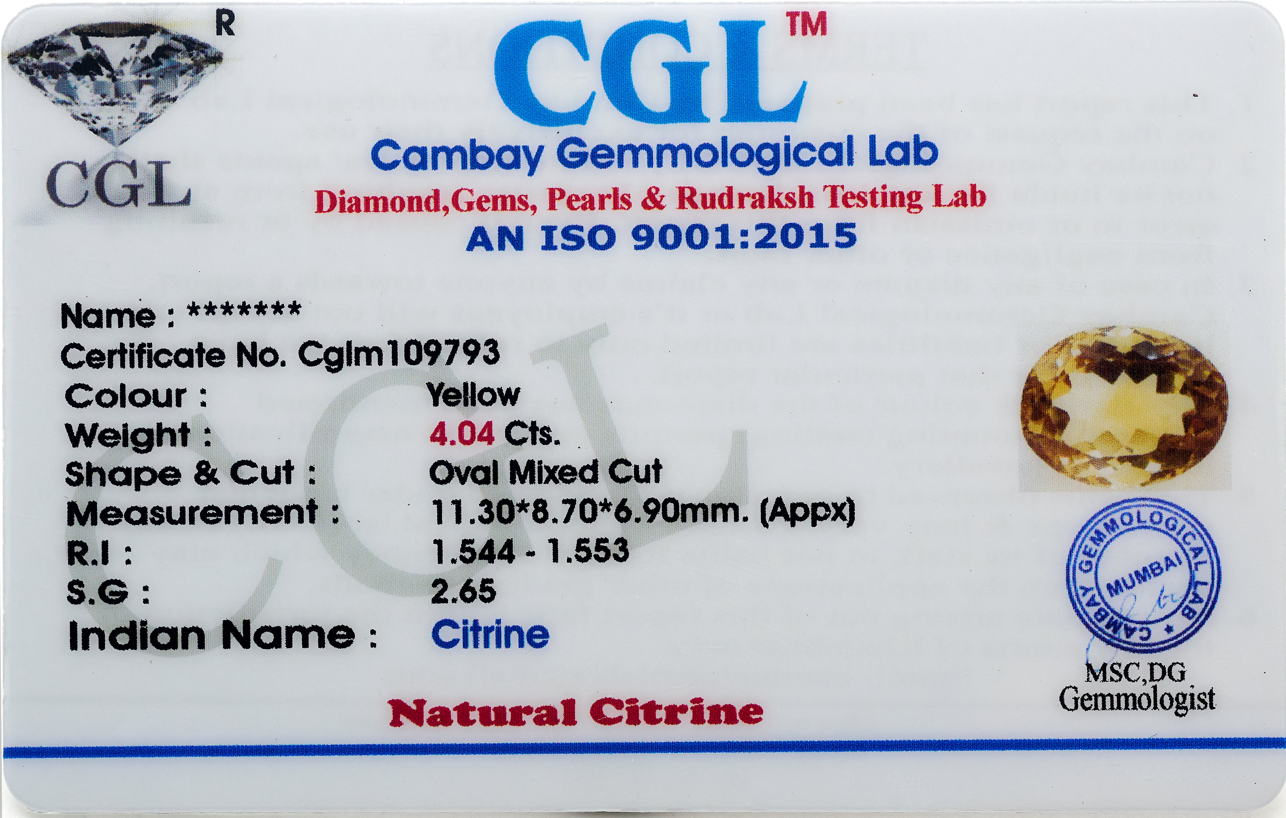 Natural Citrine Gemstone (4.04 Carats and 4.44 Ratti)