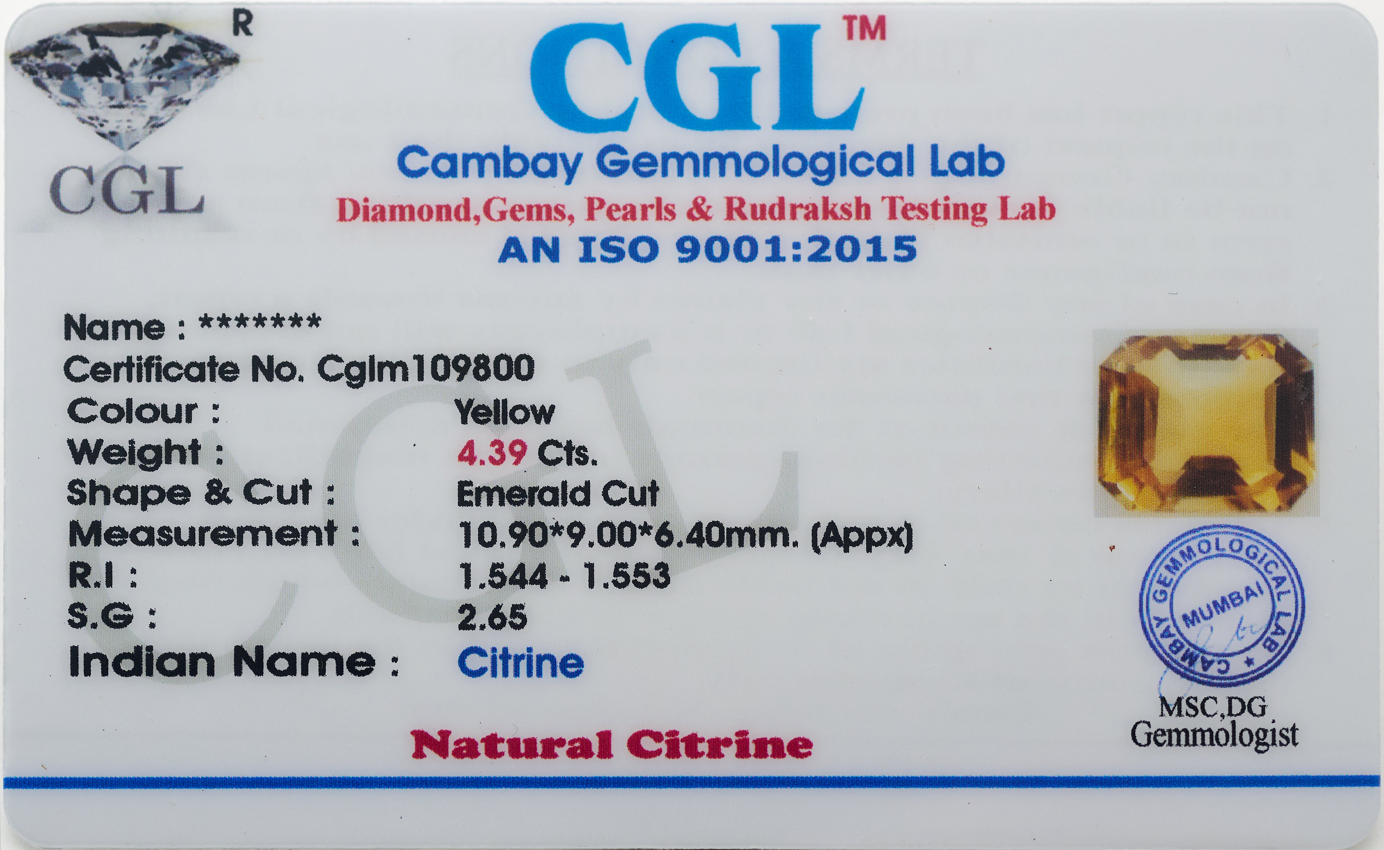 Natural Citrine Gemstone (4.39 Carats and 4.83 Ratti)