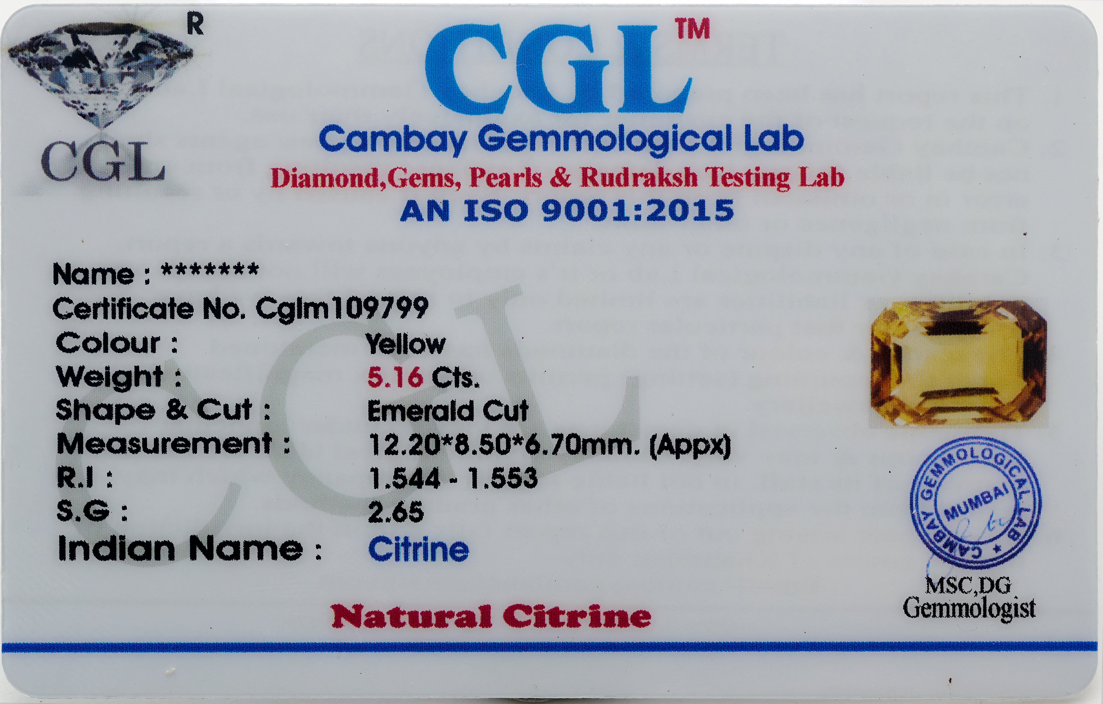 Natural Citrine Gemstone (5.16 Carats and 5.68 Ratti)