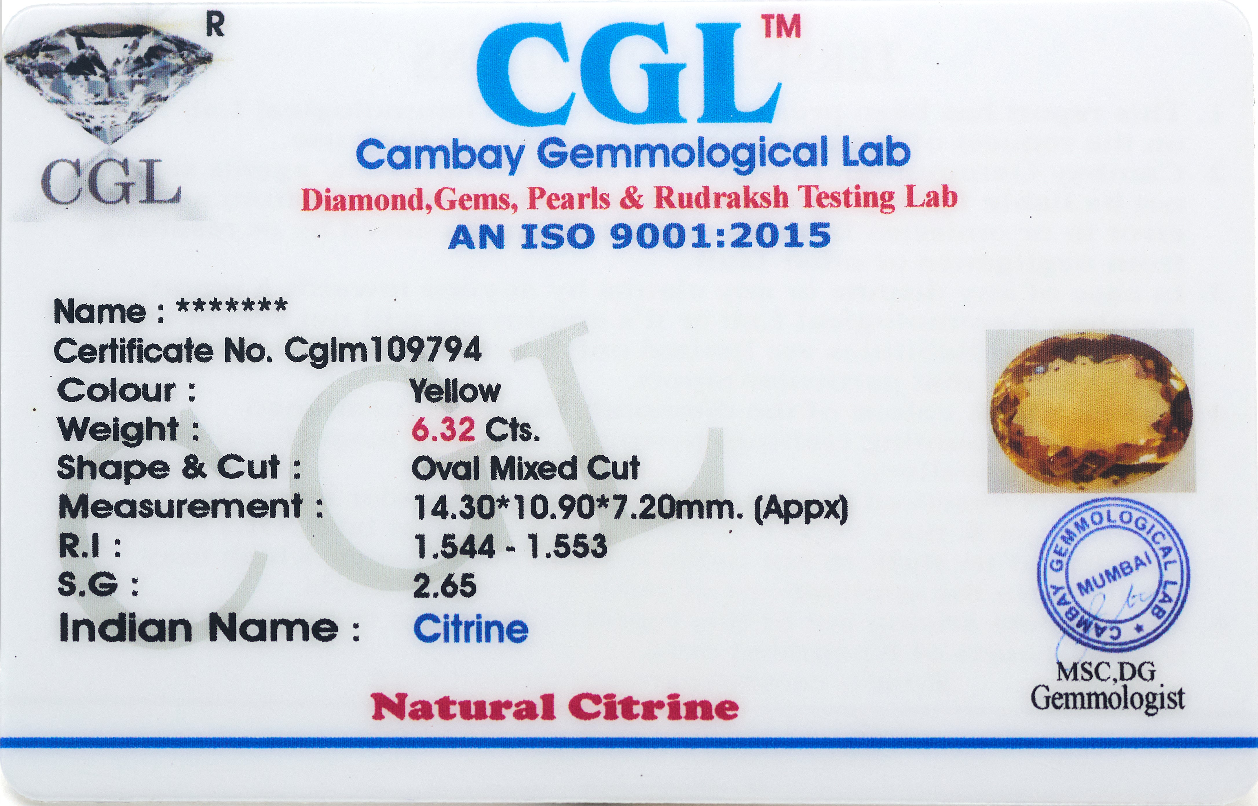 Natural Citrine Gemstone (6.32 Carats and 6.95 Ratti)