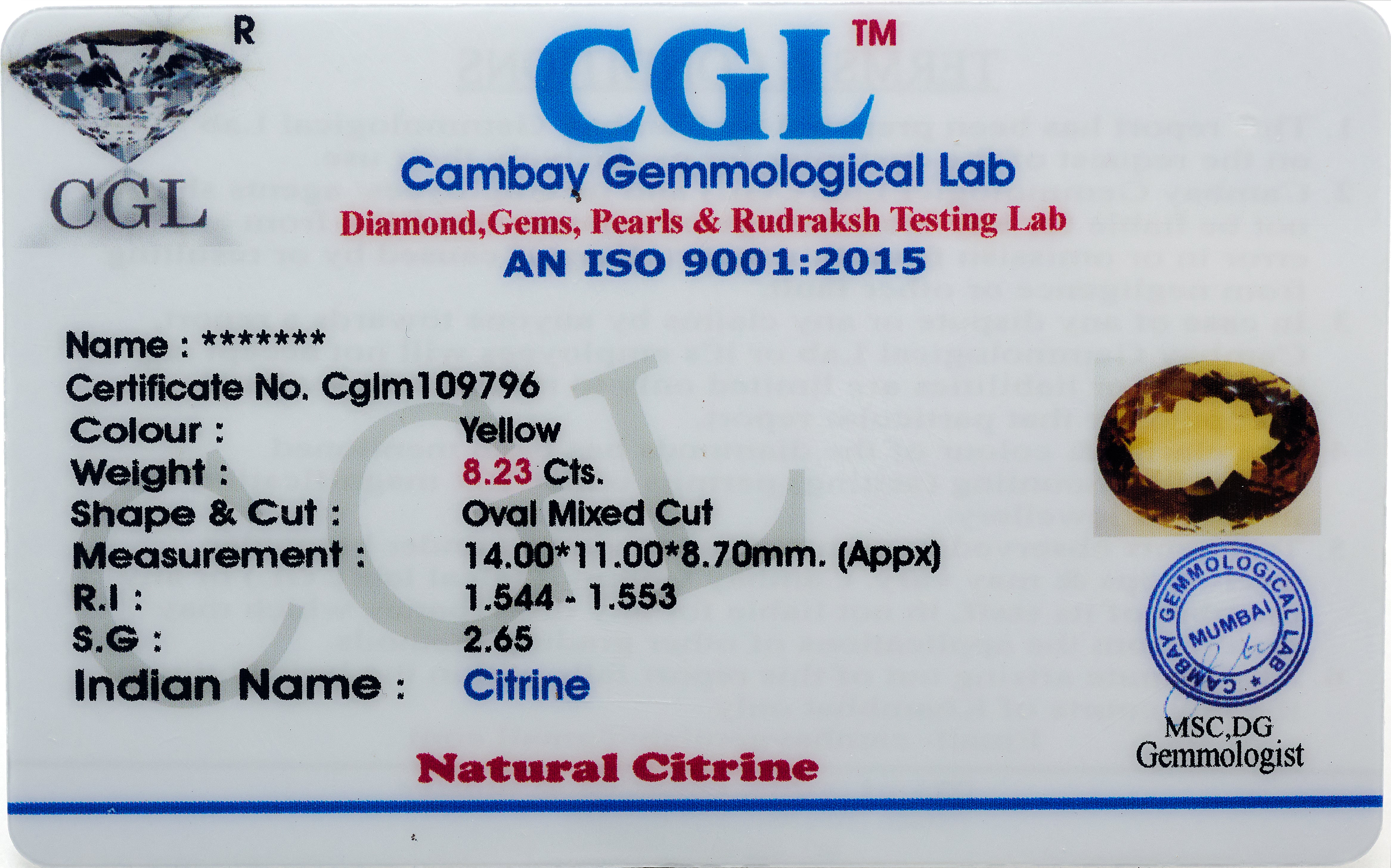 Natural Citrine Gemstone (8.23 Carats and 9.05 Ratti)