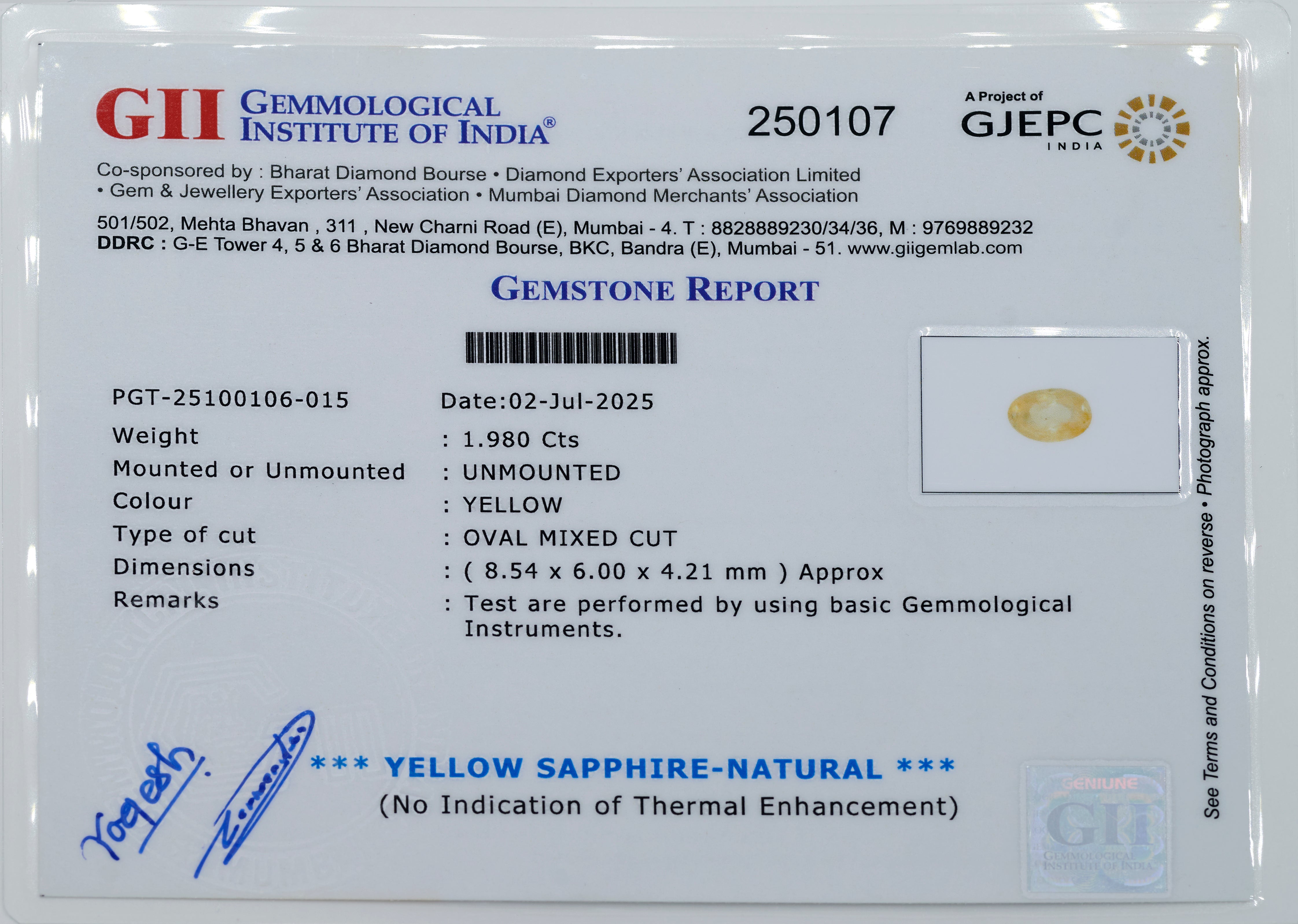 Natural Yellow Sapphire (1.98Ct Carat and 2.18 Ratti)