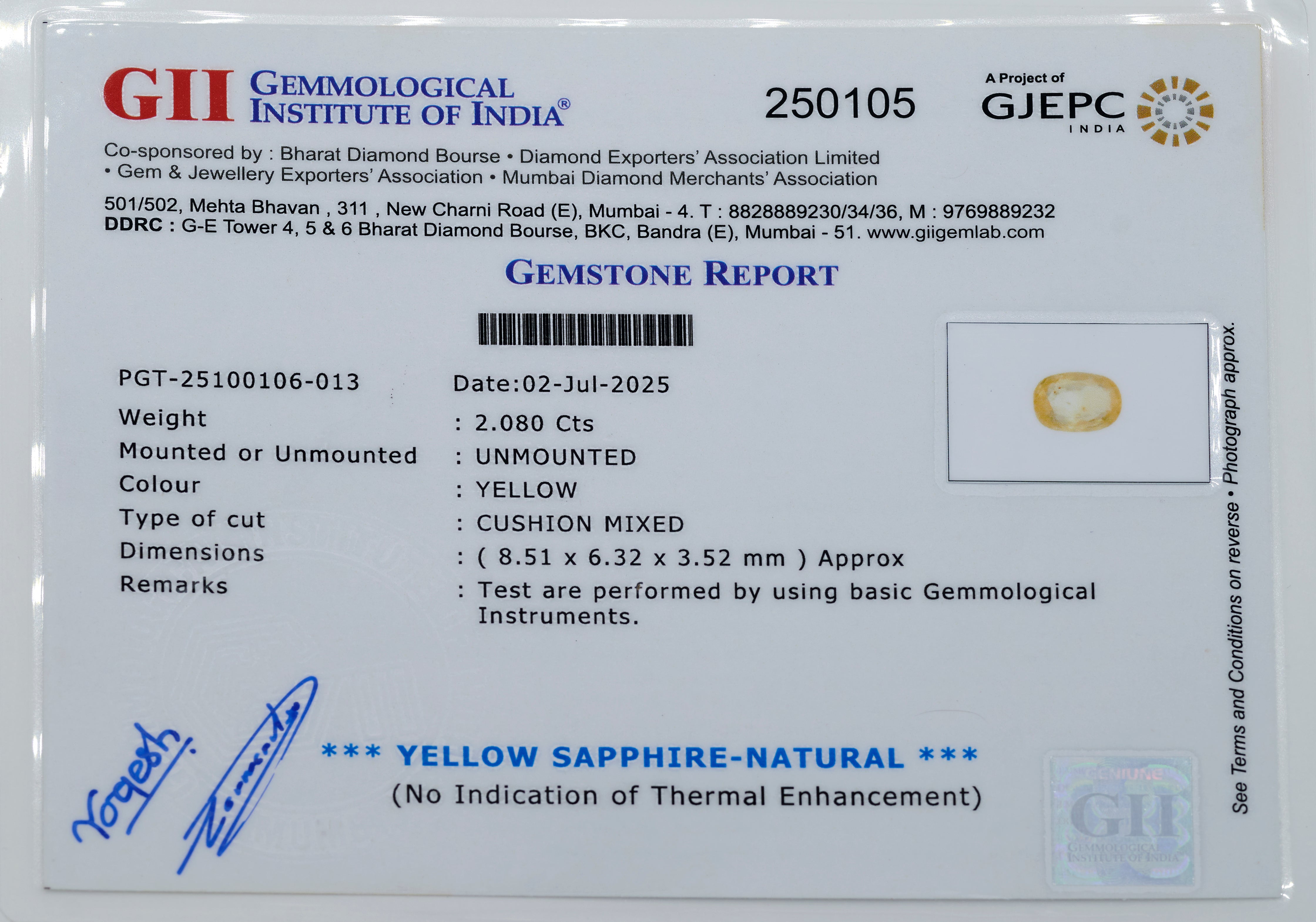 Natural Yellow Sapphire (2.08Ct Carat and 2.29 Ratti)