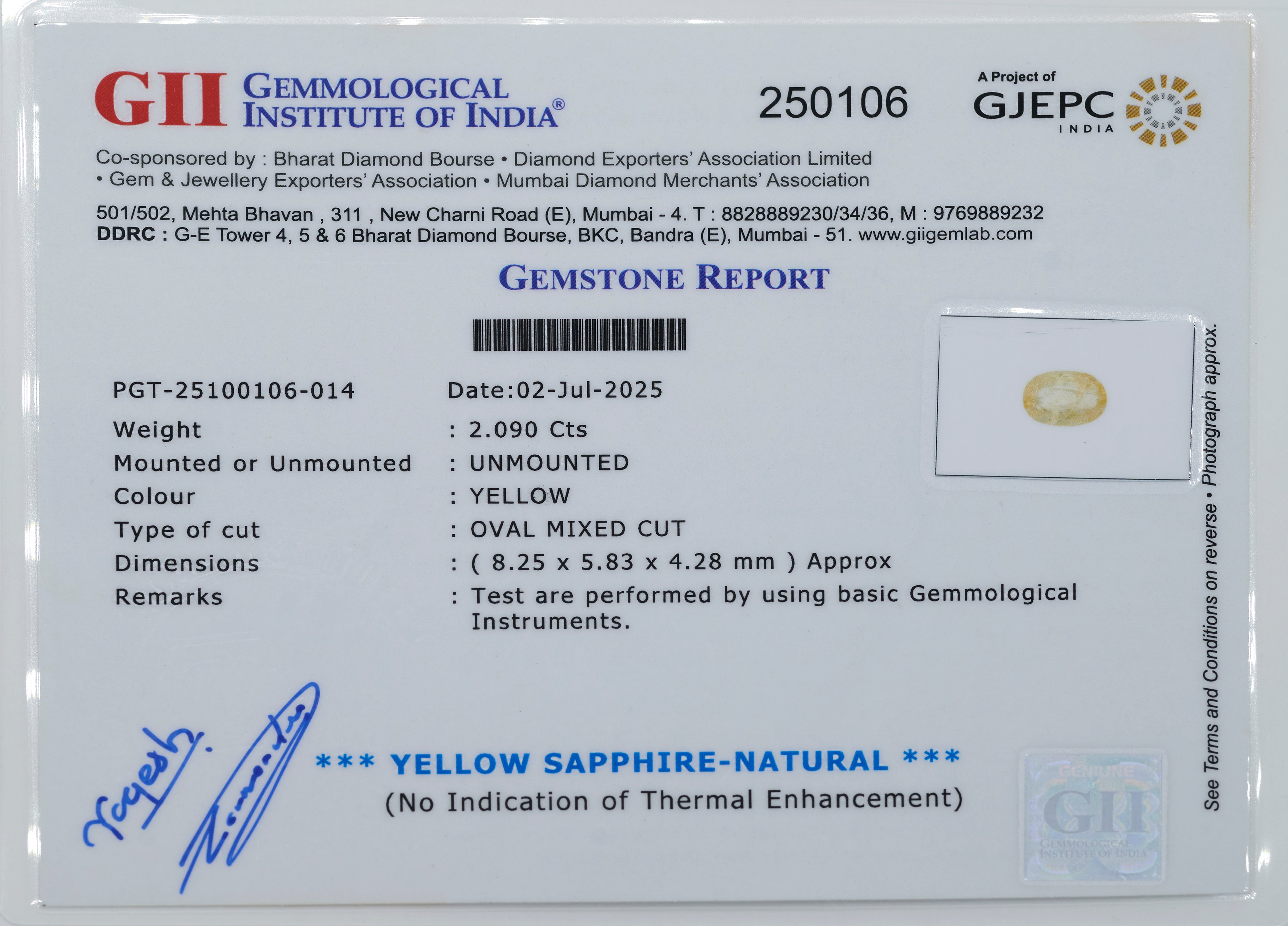 Natural Yellow Sapphire (2.09Ct Carat and 2.30 Ratti)