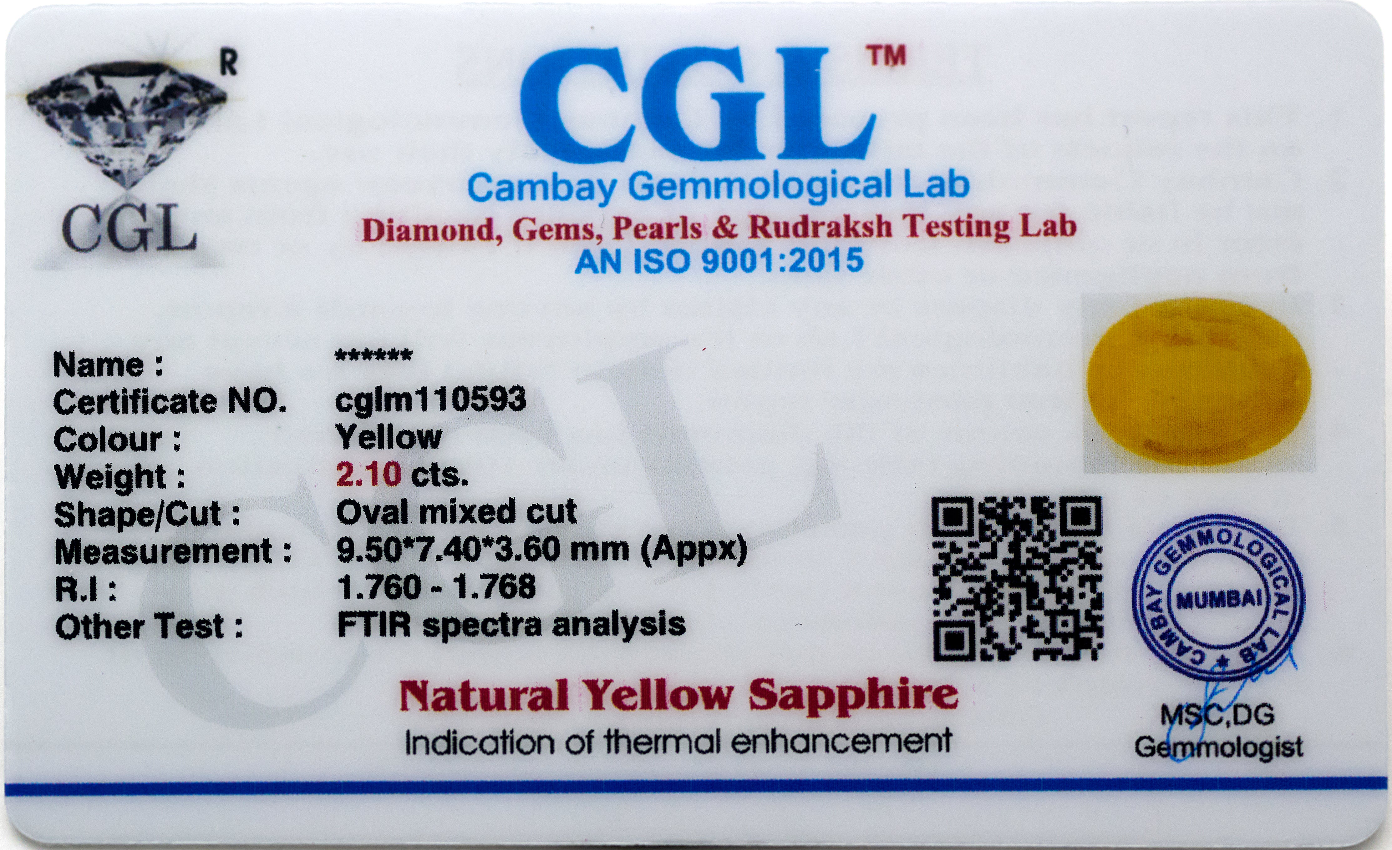 Natural Yellow Sapphire (2.10Ct Carat and 2.31 Ratti)