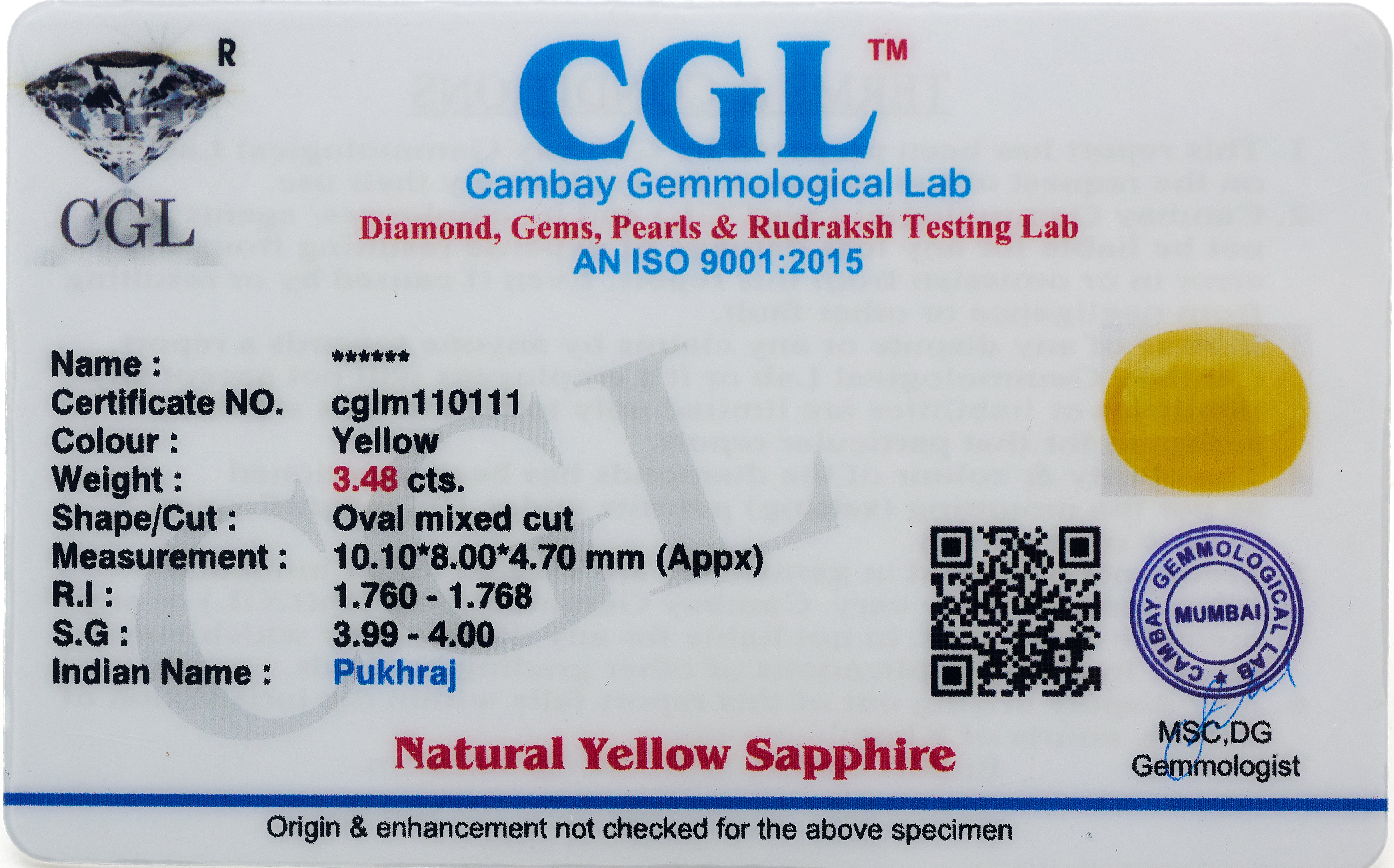 Natural Yellow Sapphire (3.48Ct Carat and 3.83 Ratti)