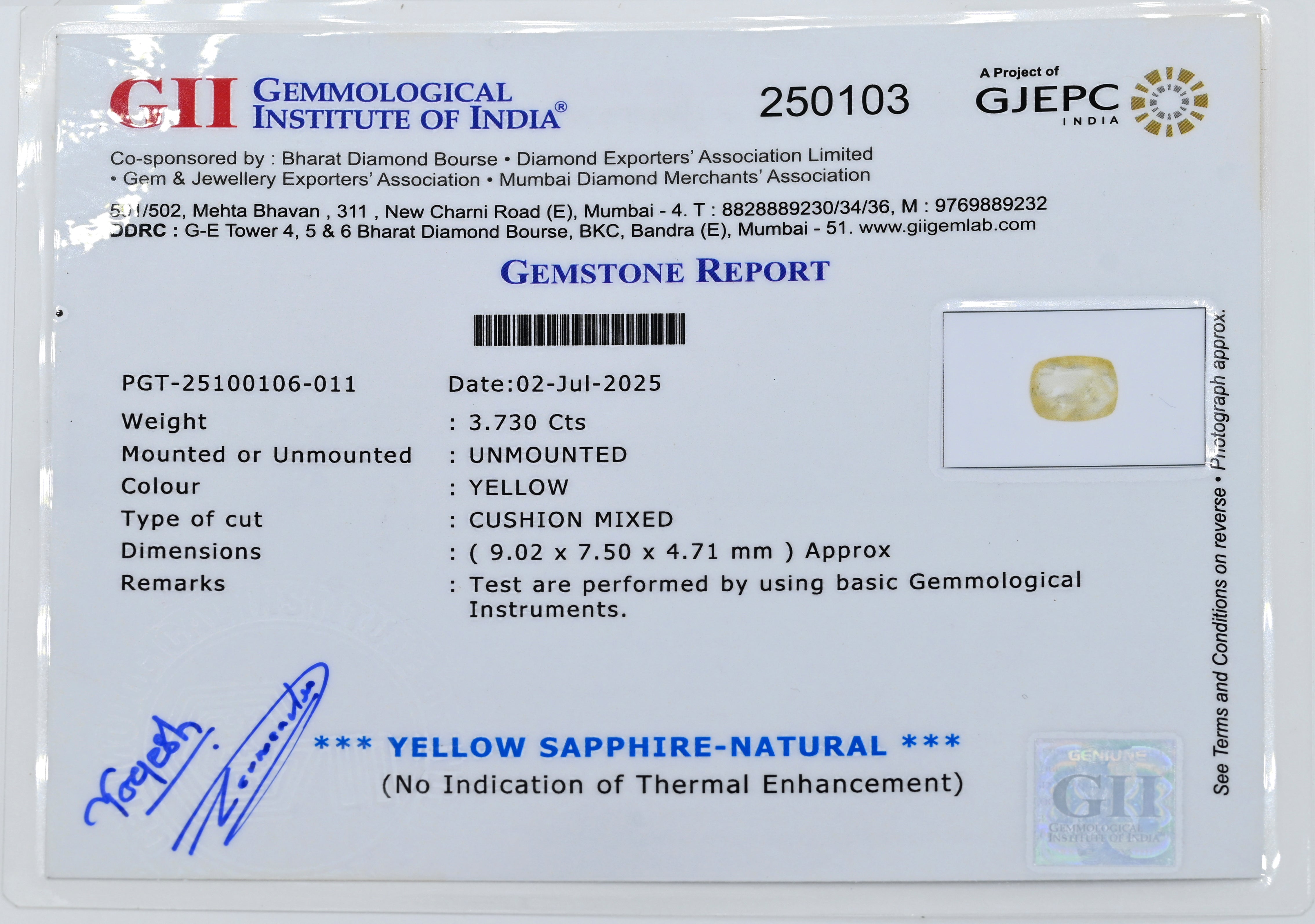 Natural Yellow Sapphire (3.73Ct Carat and 4.10 Ratti)