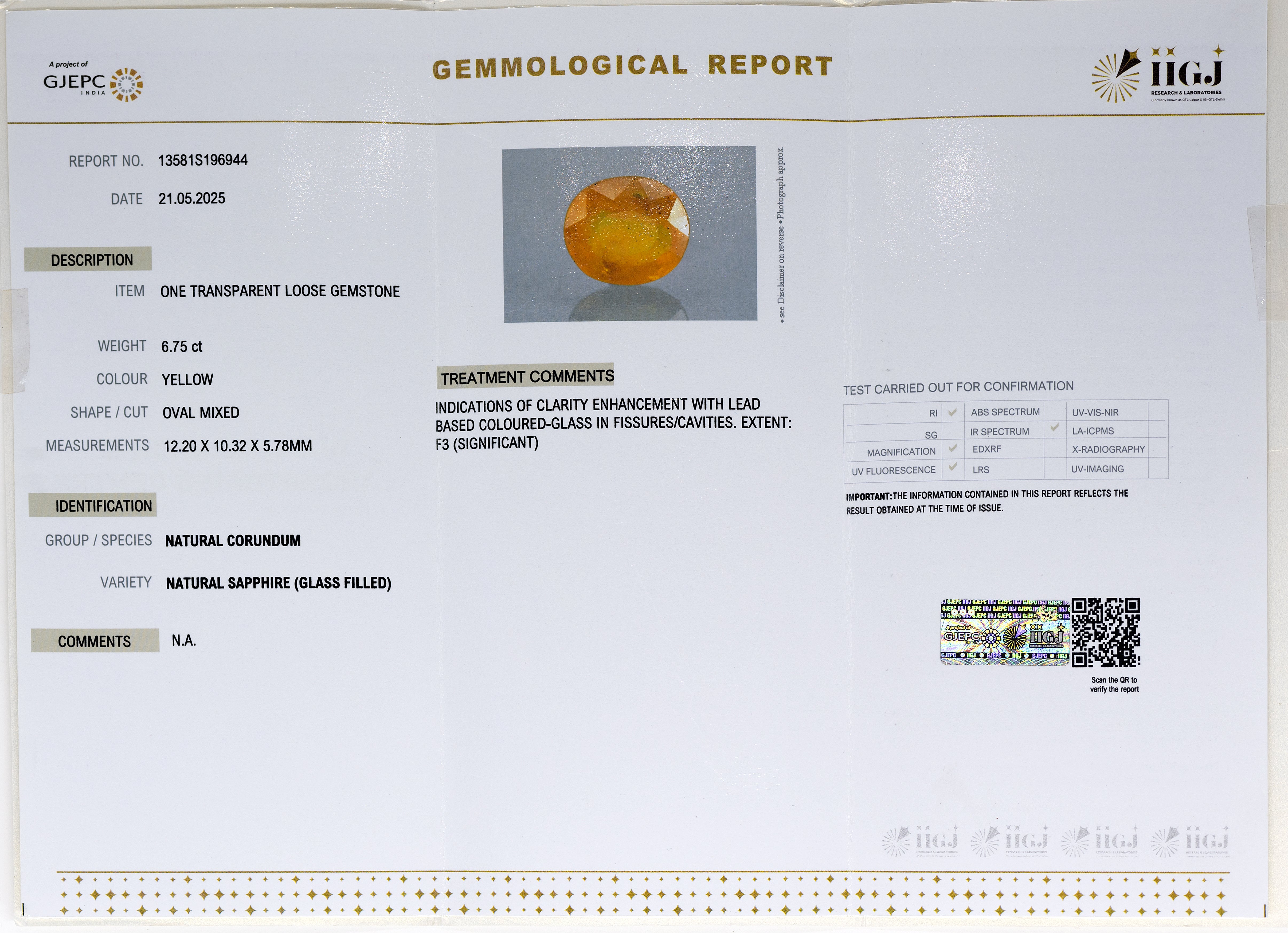 Natural Yellow Sapphire (6.75Ct Carat and 7.43 Ratti)