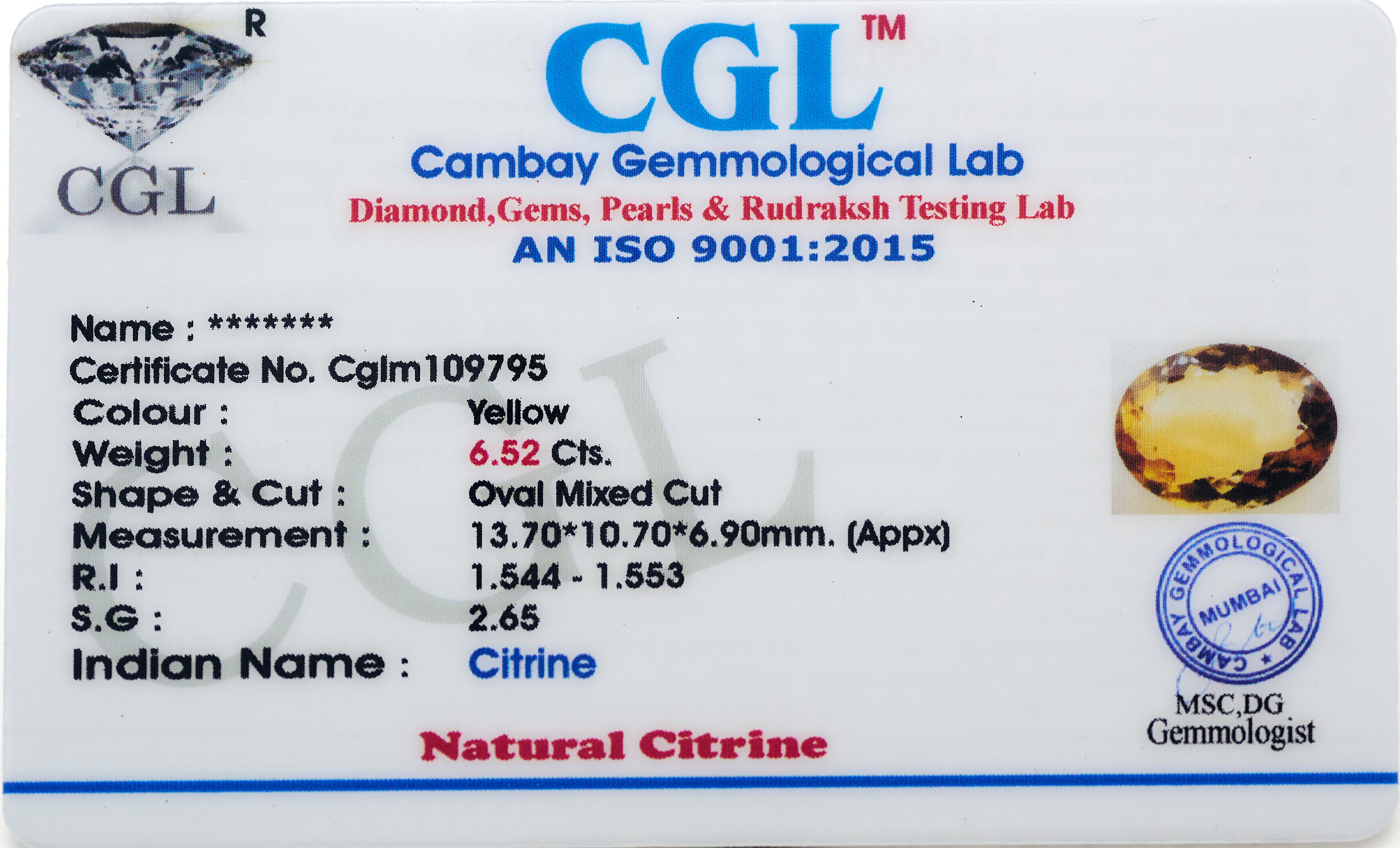 Natural Citrine Gemstone (6.52 Carats and 7.17 Ratti)