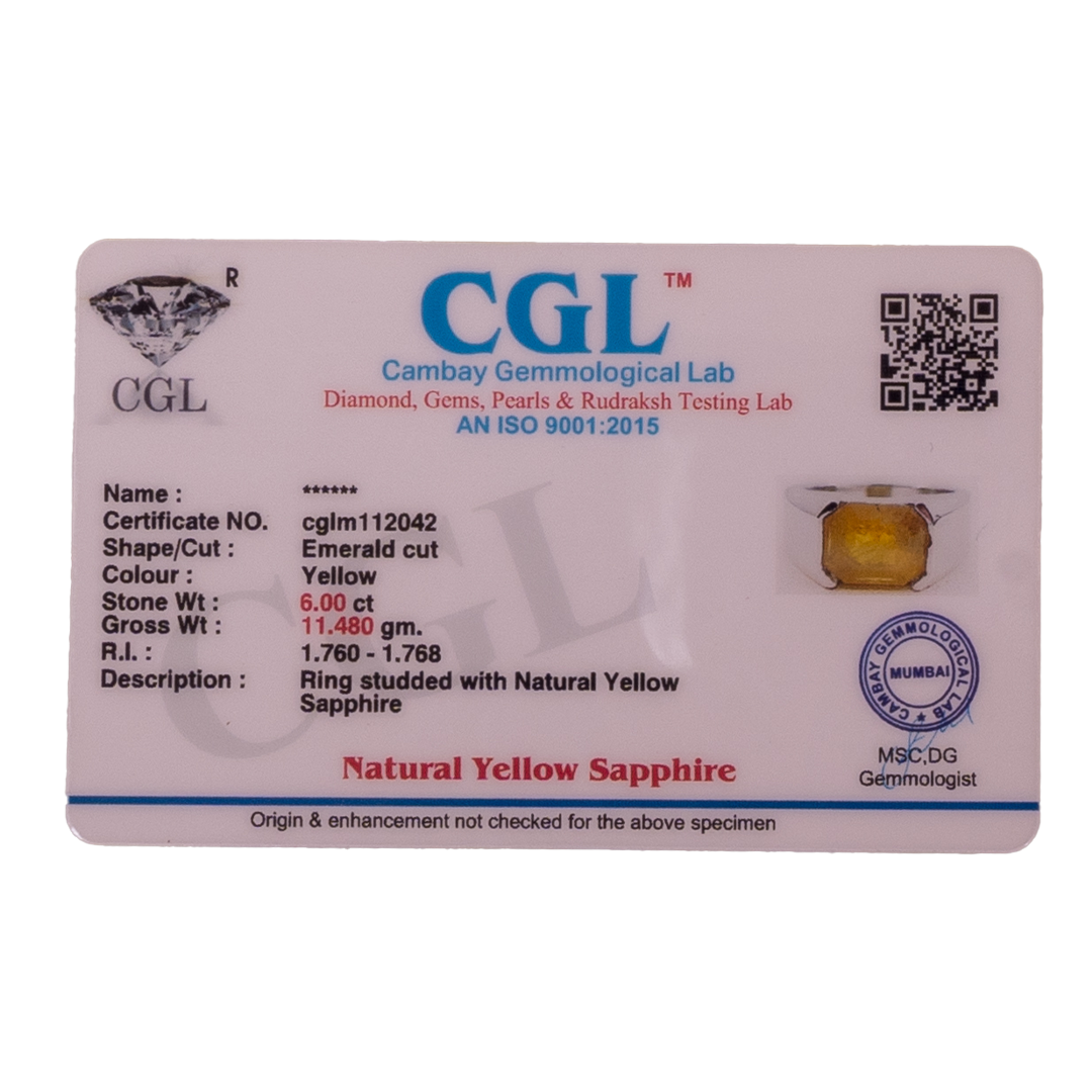 Natural Yellow Sapphire (Pukhraj) 6.00ct (6.60 Ratti) Faceted Oval Cut Unisex Ring